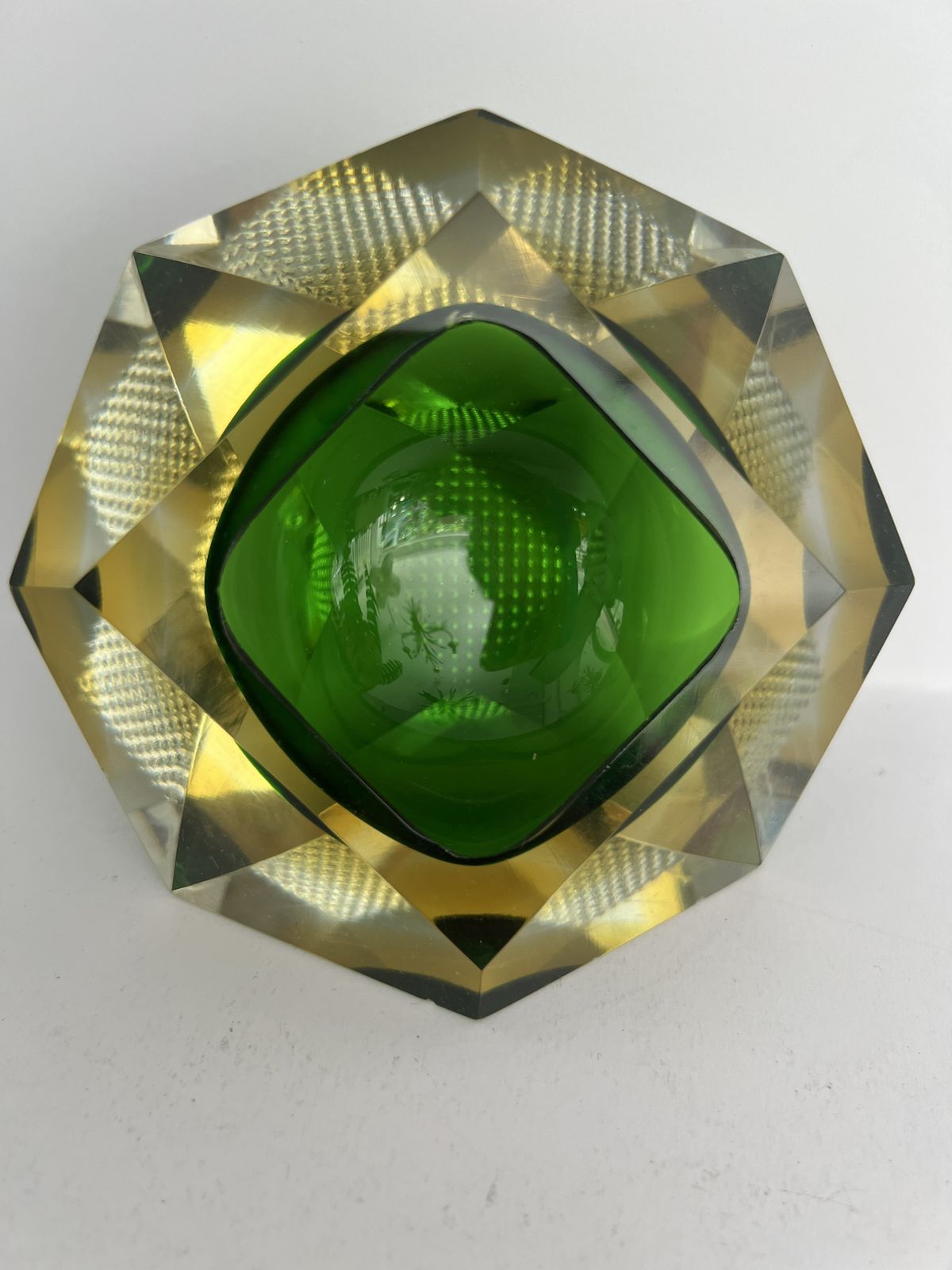 Vintage Murano Faceted Sommerso “Geode” Bowl — Emerald Green & Amber, Mandruzzato Style photo furniture