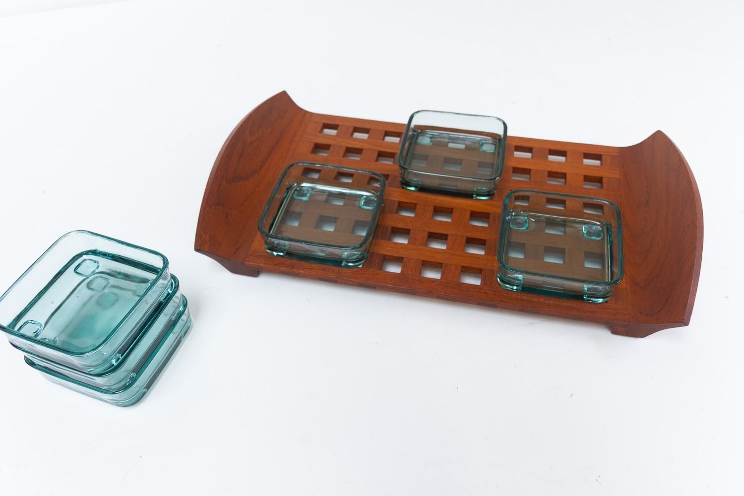 Home Decor Vintage Danish Teak Tray With Glass Bowls By Jens Harald Quistgaard, 1960s photo