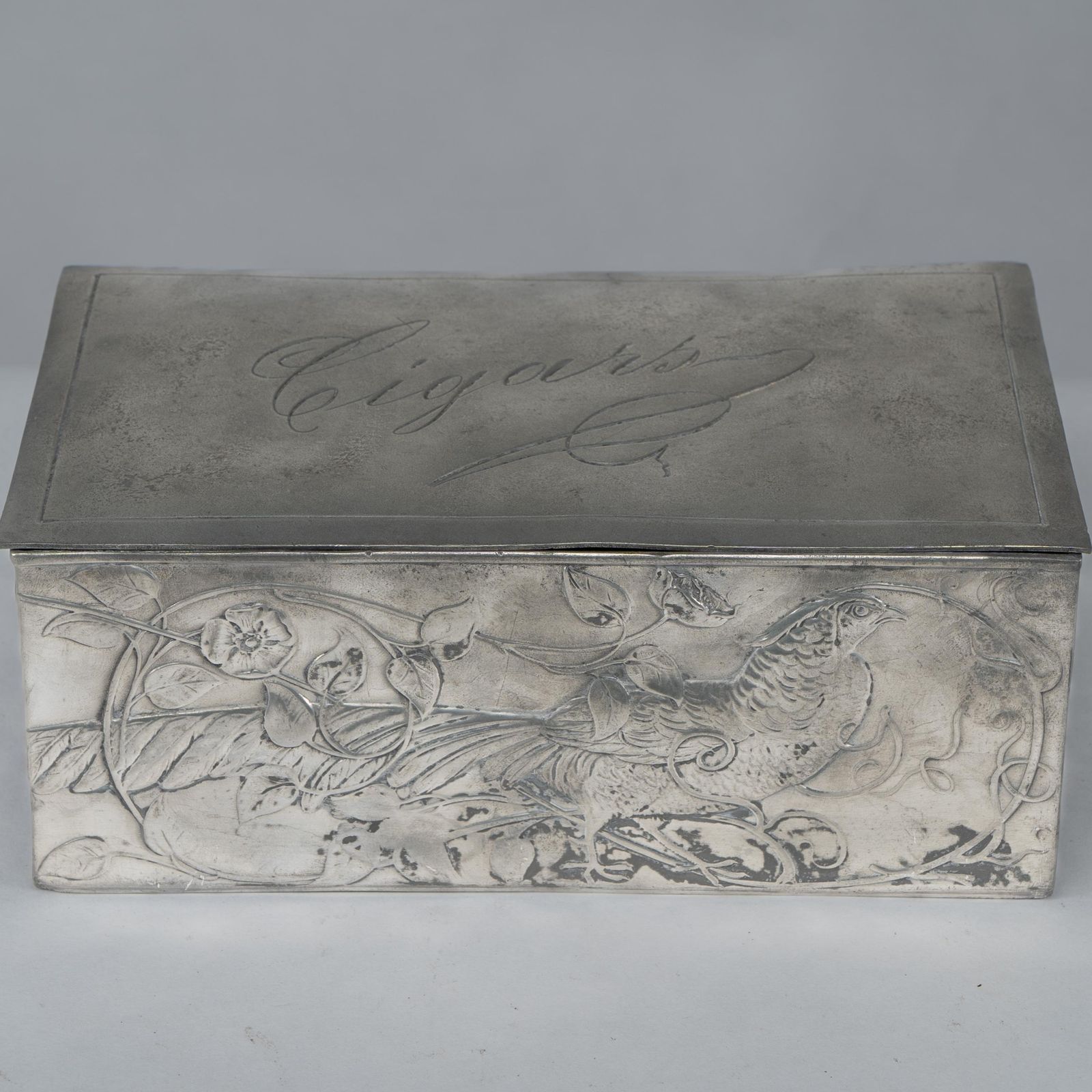An Art Nouveau Continental Pewter Cigar Box W. Cedar Lining & Decor Of Pheasant photo Home Decor