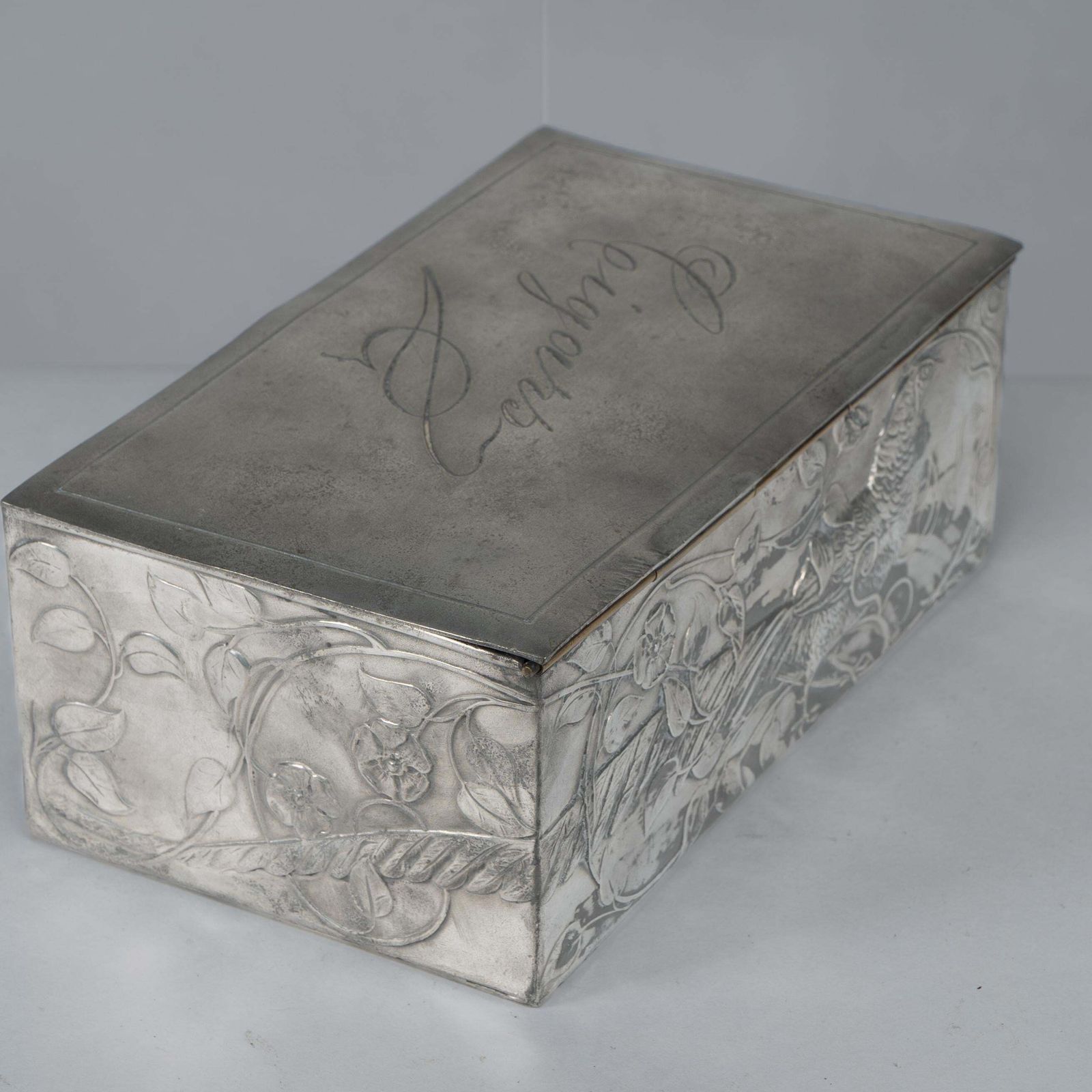 An Art Nouveau Continental Pewter Cigar Box W. Cedar Lining & Decor Of Pheasant photo 1500.0