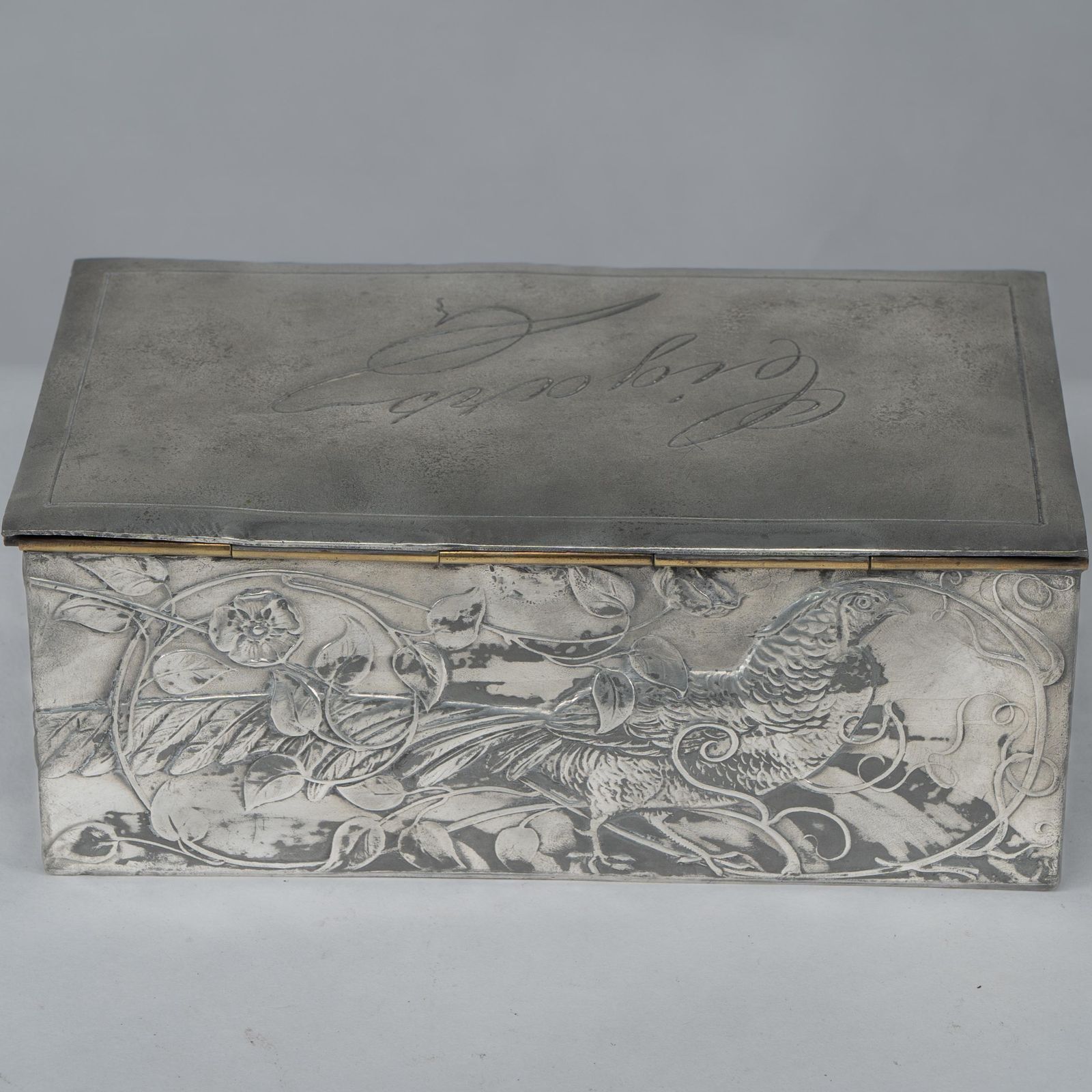 An Art Nouveau Continental Pewter Cigar Box W. Cedar Lining & Decor Of Pheasant photo vinterior