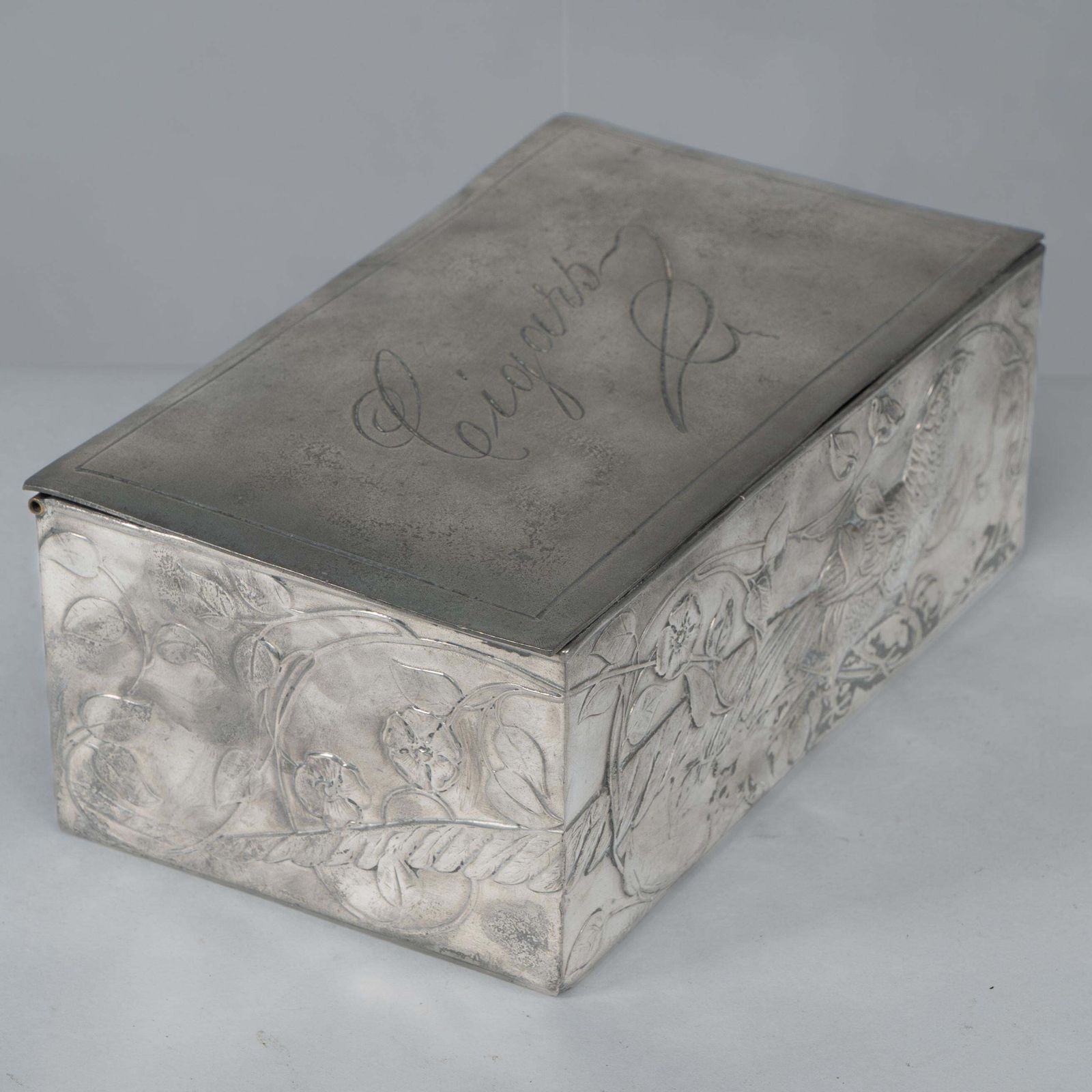 photo furniture An Art Nouveau Continental Pewter Cigar Box W. Cedar Lining & Decor Of Pheasant