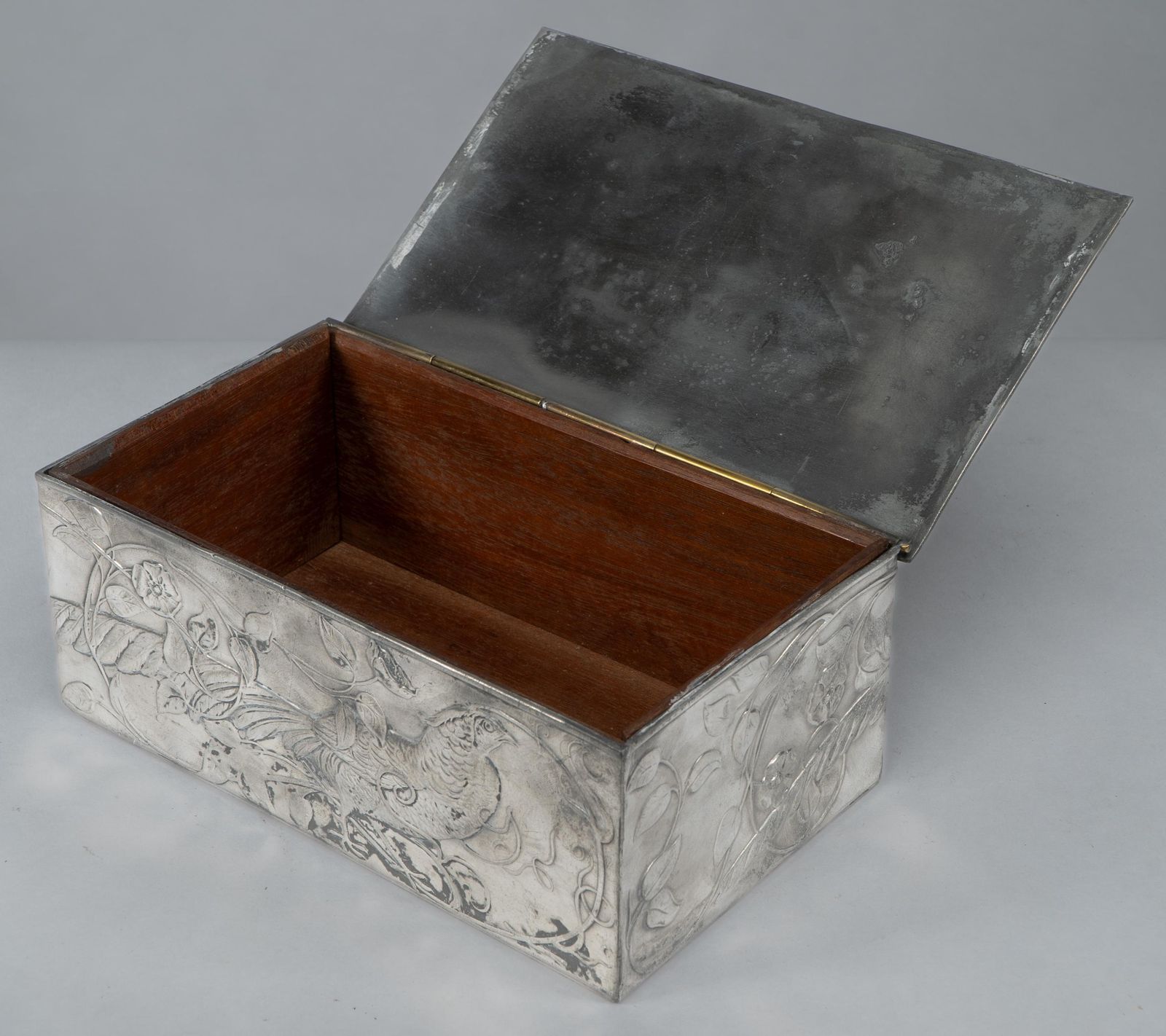 Home Decor An Art Nouveau Continental Pewter Cigar Box W. Cedar Lining & Decor Of Pheasant photo
