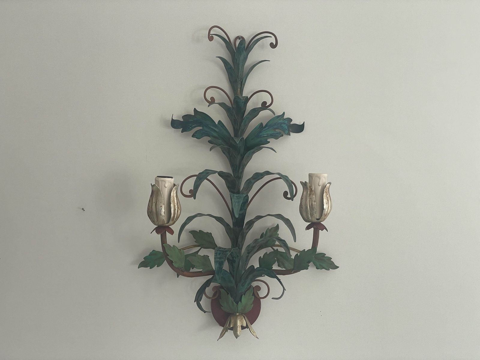 photo for sale Flower Design Green Metal Pair Of Florentiner Sconces By Lucienne Monique Scandicci Firenze, 1960s, Italy