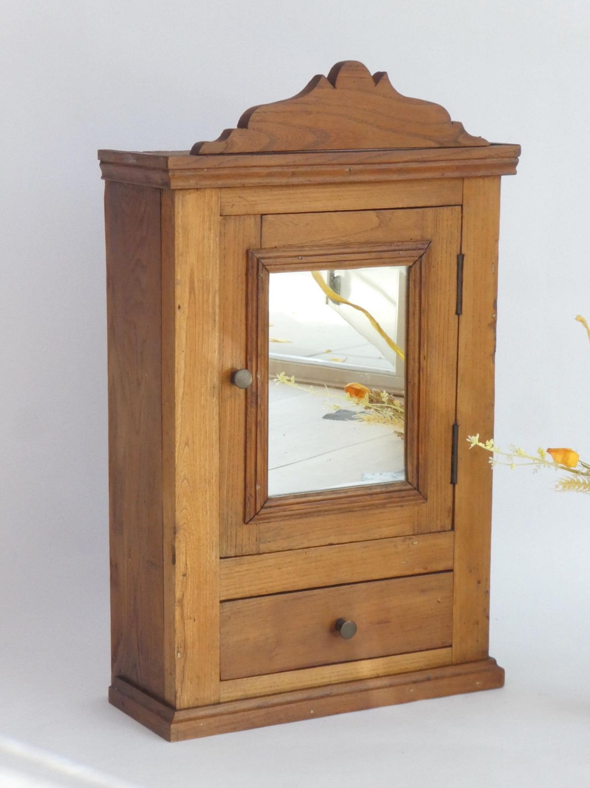 Antique Art Deco Wooden Cabinet With Mirror, Apothecary With Mirror And Shelf, Wall Farmhouse Decor photo for sale