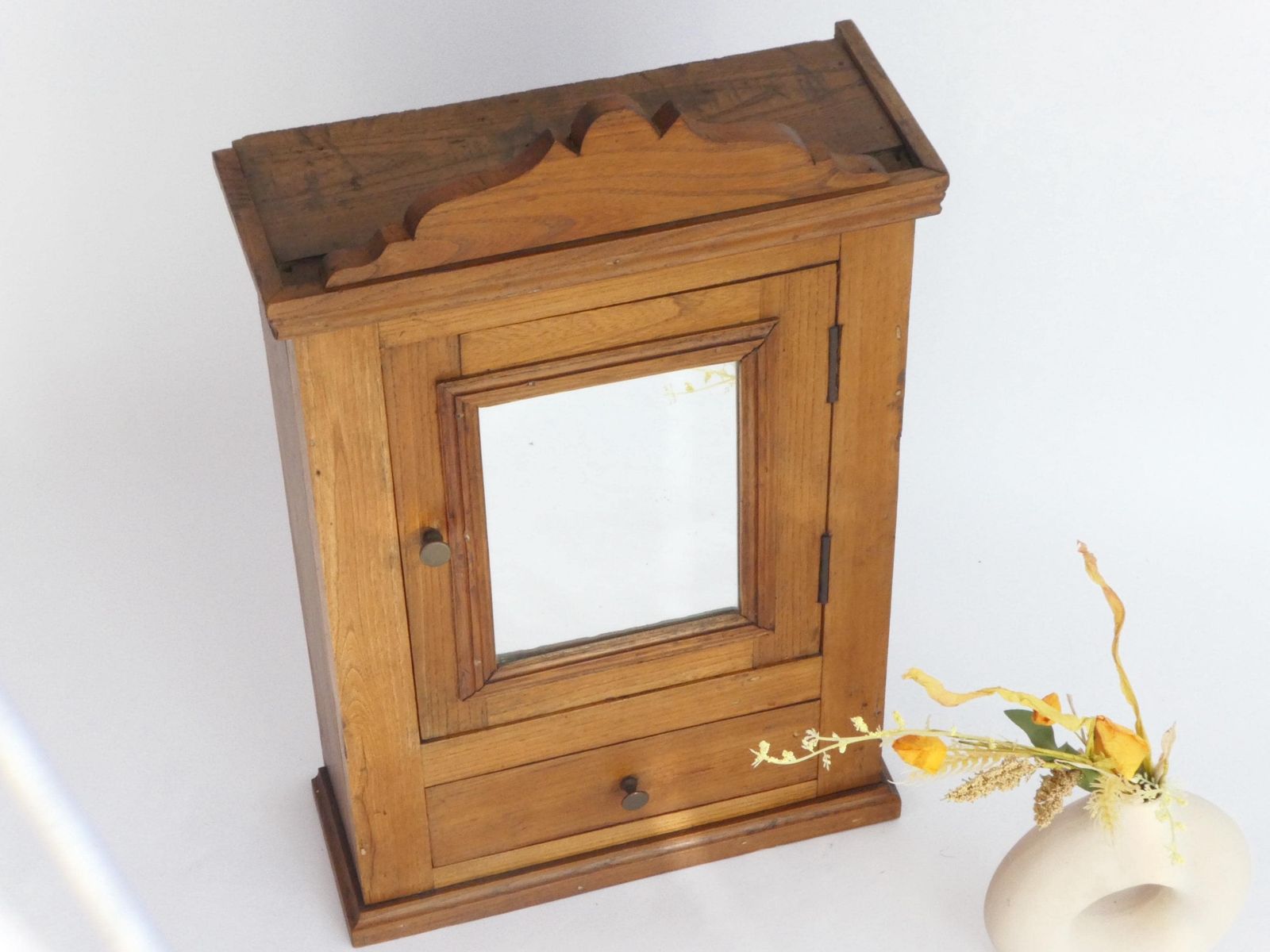 Antique Art Deco Wooden Cabinet With Mirror, Apothecary With Mirror And Shelf, Wall Farmhouse Decor photo vinterior