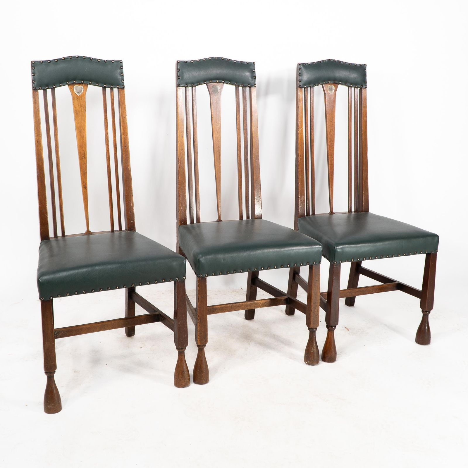 Liberty & Co. Attr. Set Of 3 Dining Chairs With Voysey Style Inlaid Pewter Heart photo furniture
