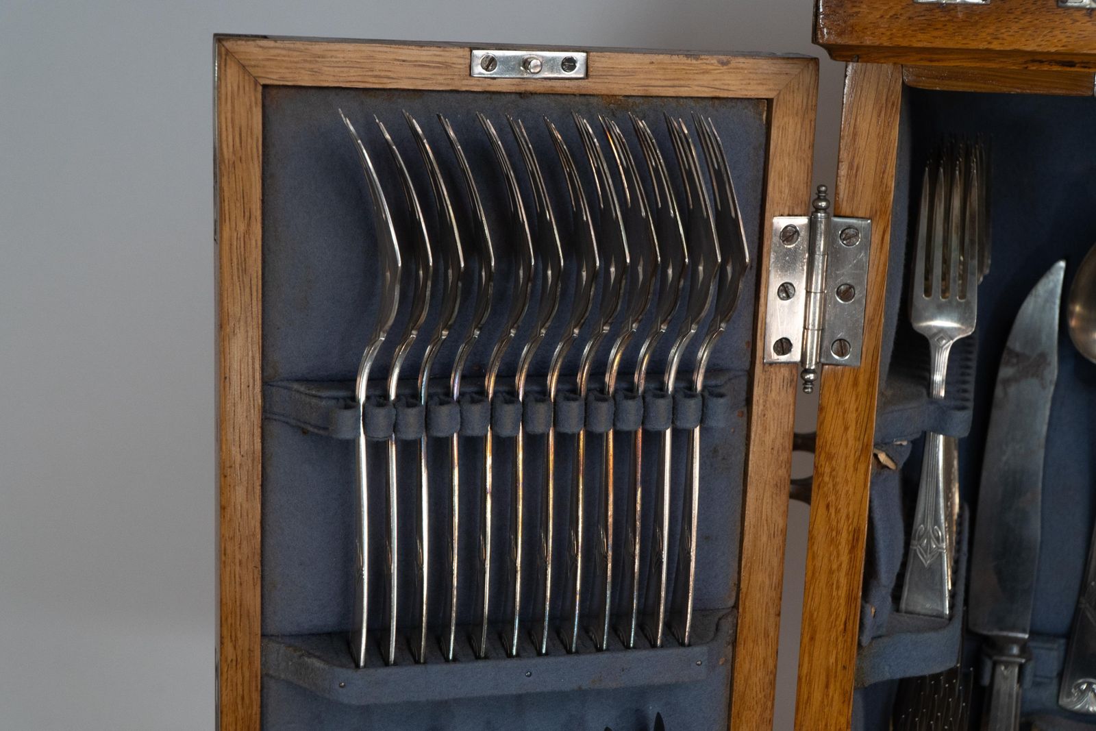 photo for sale Wmf. A 12 Person Cutlery Service In Original Stylized Secessionist Oak Cabinet