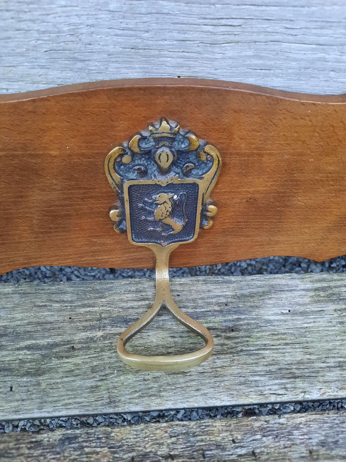 Vintage French Chateau Coat Hook Hanger: Armorial Brass & Wood photo furniture
