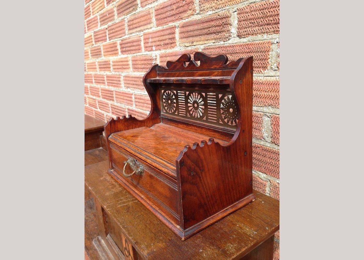Aesthetic Movement Oak Pipe Rack With A Japanese Style Brass Fretwork Backplate photo for sale