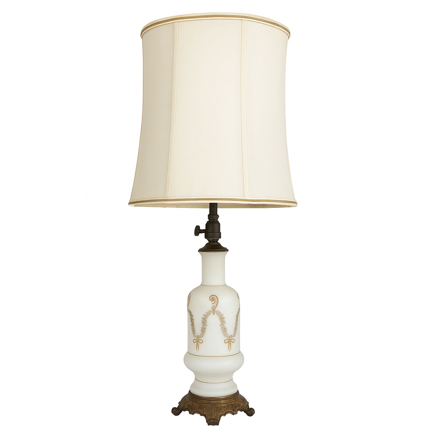 Vintage French Opaline Glass Table Lamp With Gilded Laurel Garlands