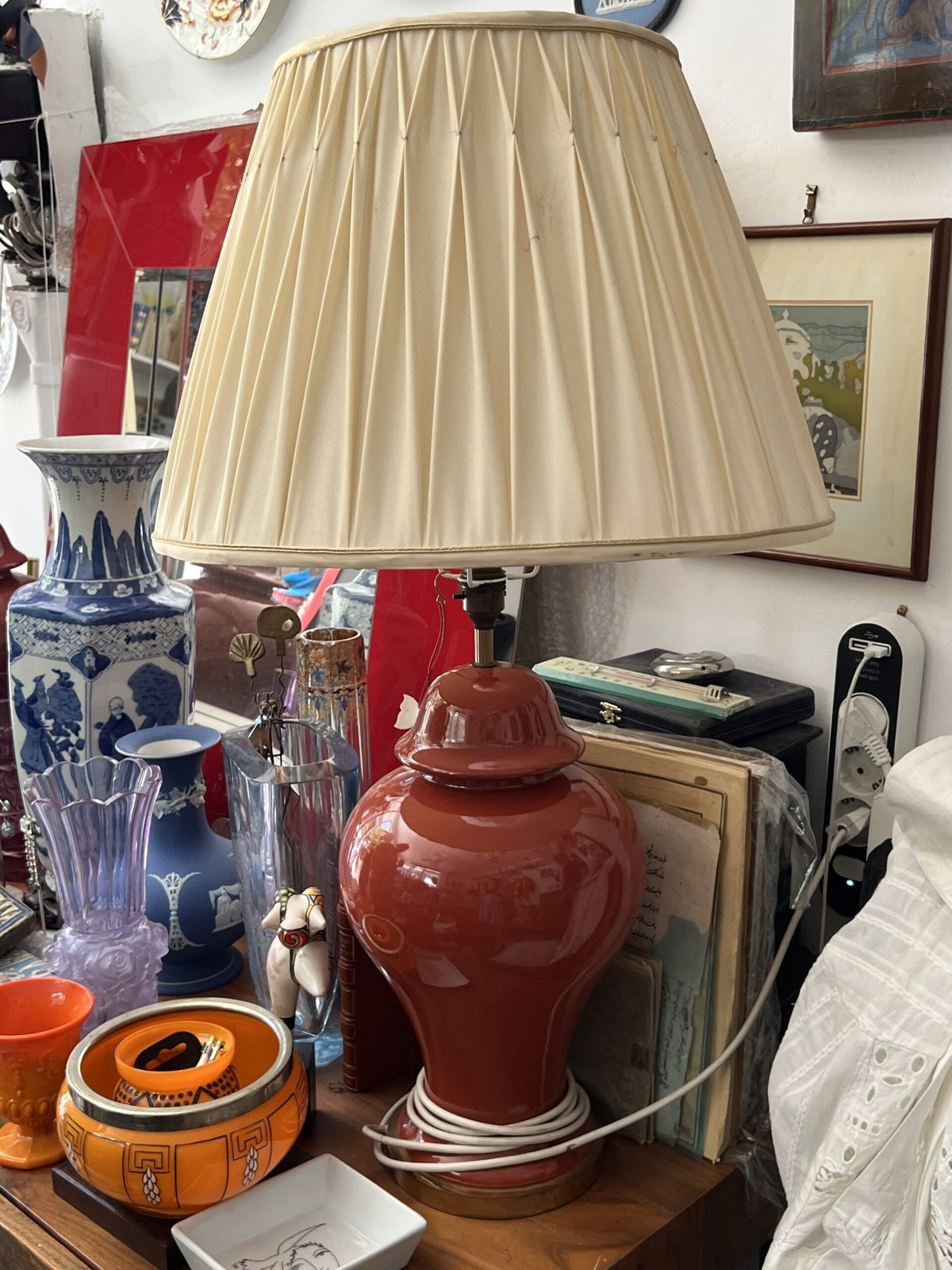 Vintage Terracotta Hollywood Regency Style Table Lamp With Pleated Shade. Mid 20th Century photo furniture