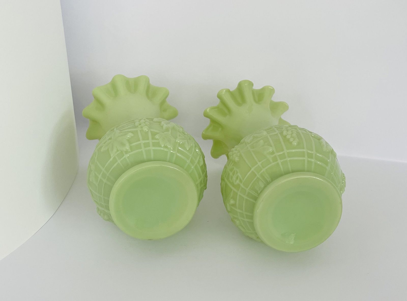 Pair Of Pale Green Opaline Glass Vases With Embossed Grape Motif photo for sale