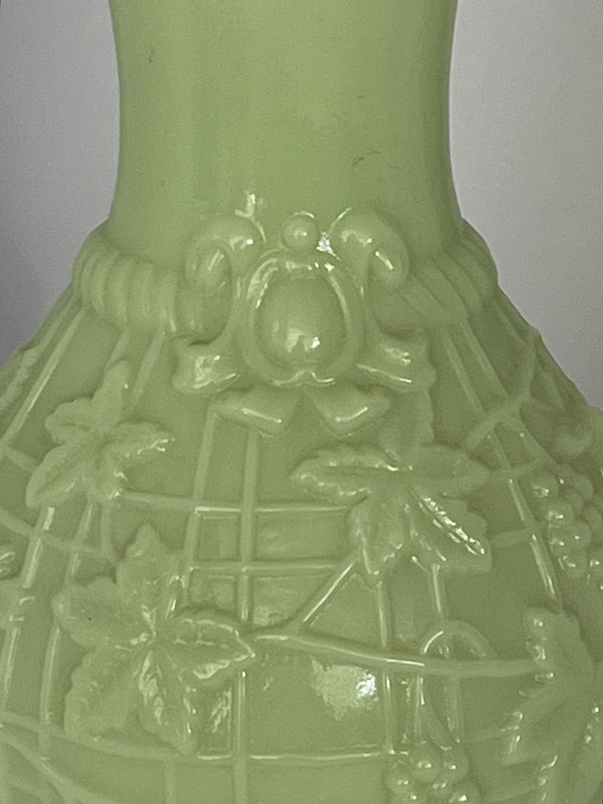 Pair Of Pale Green Opaline Glass Vases With Embossed Grape Motif photo Home Decor