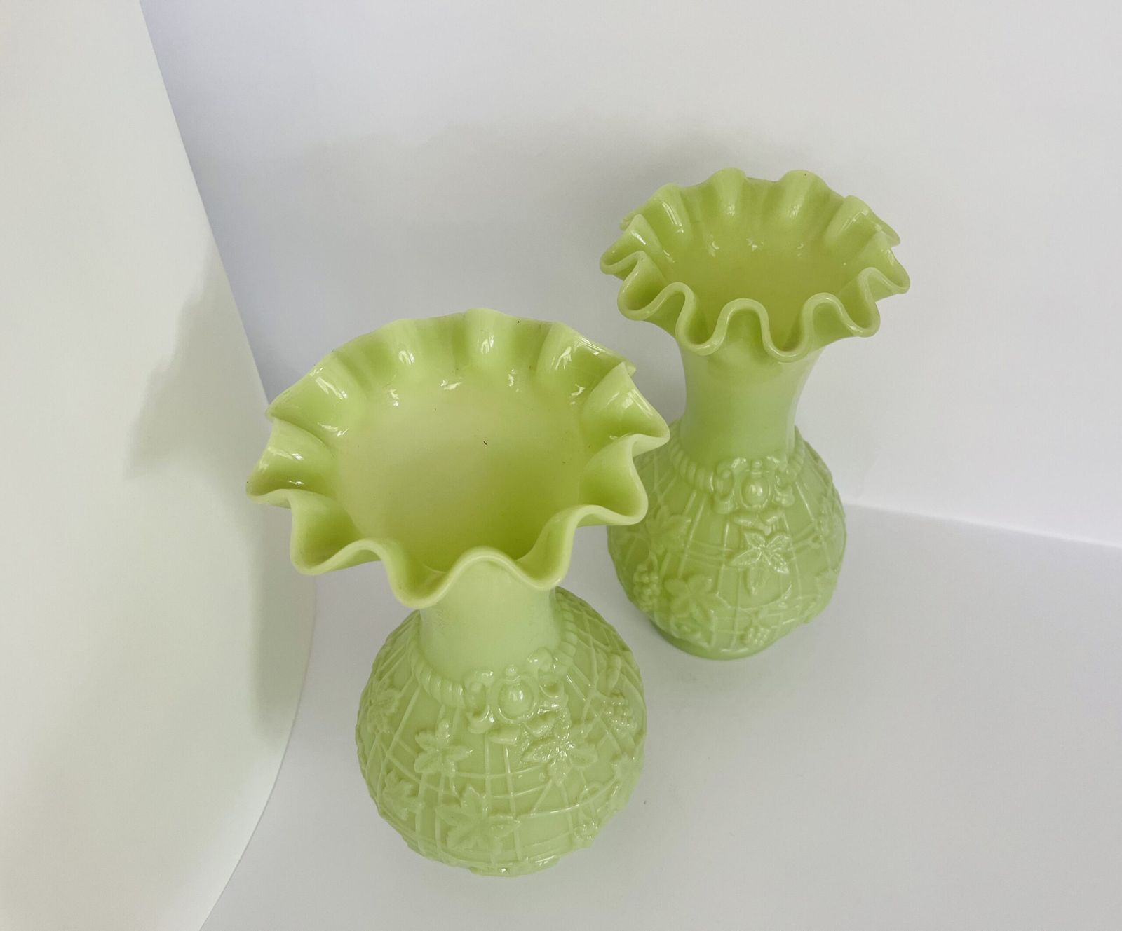 Pair Of Pale Green Opaline Glass Vases With Embossed Grape Motif photo 210.0