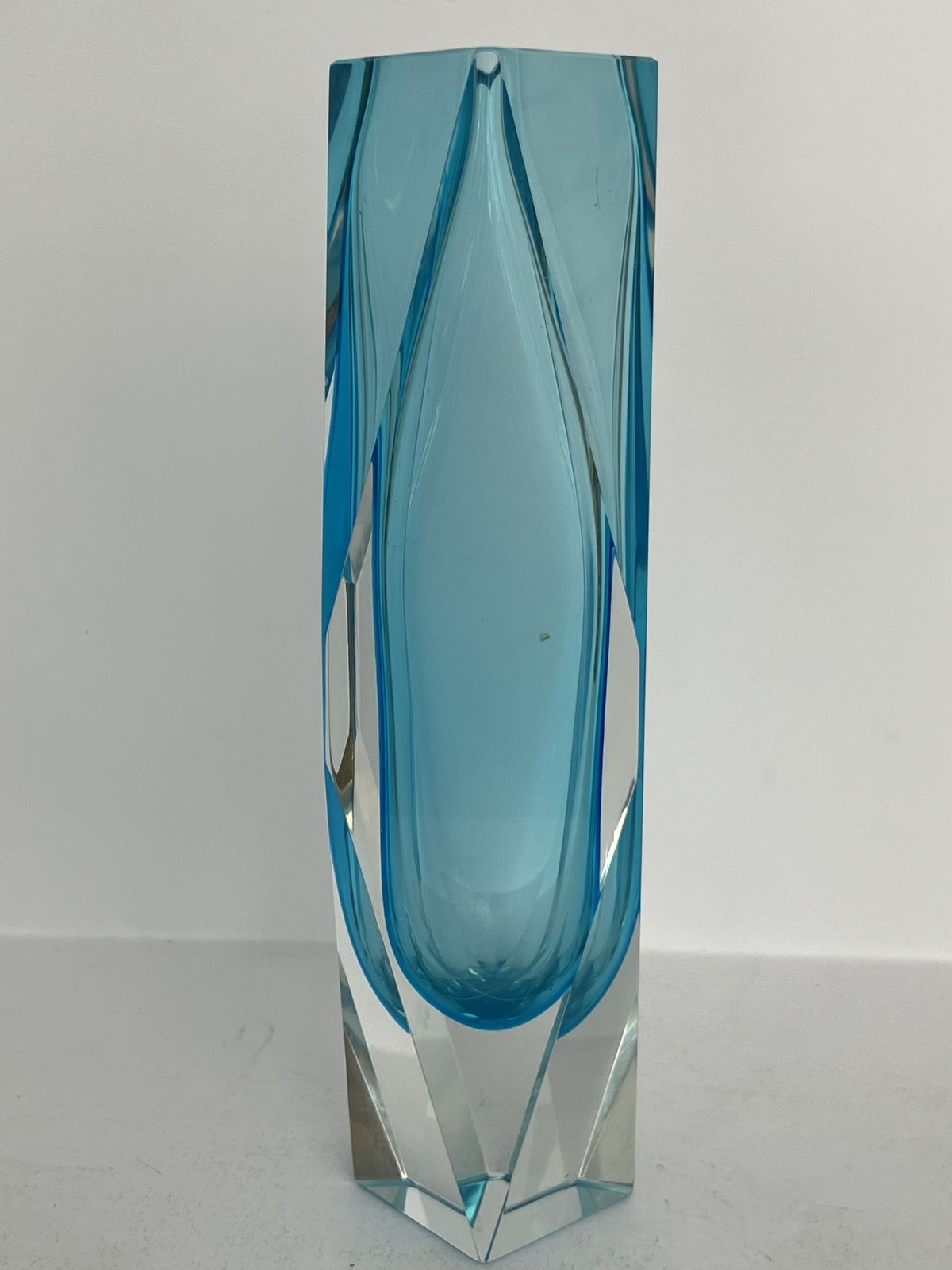 Vintage Murano Sommerso Aquamarine And Clear Faceted Glass Block Vase photo vinterior