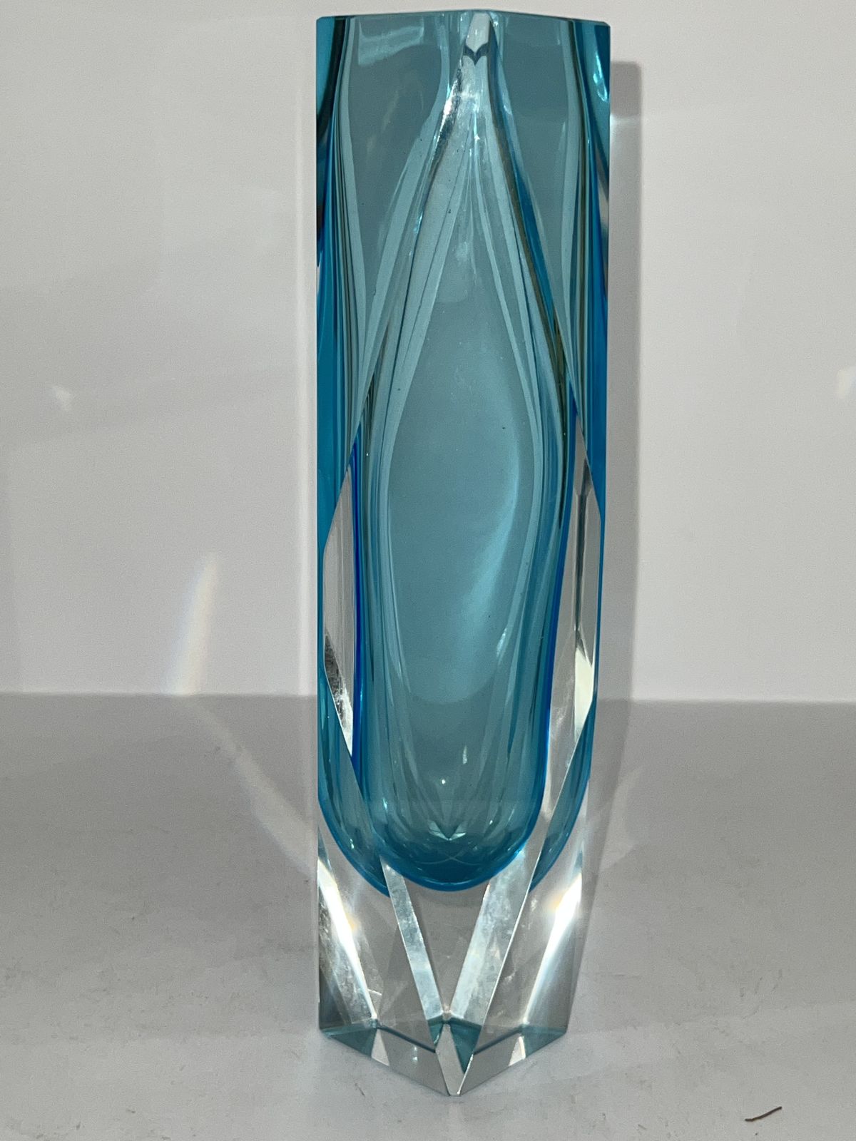 Vintage Murano Sommerso Aquamarine And Clear Faceted Glass Block Vase photo buy