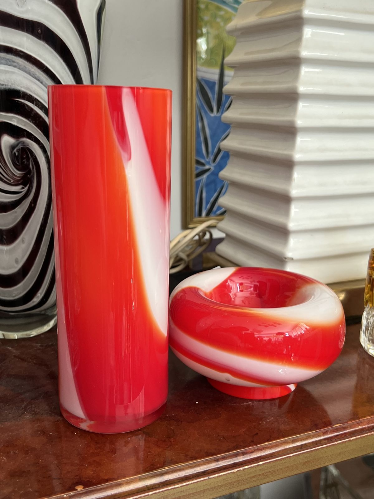 Art Glass Vase & Bowl Set – Red & White Swirl 1970’s photo furniture