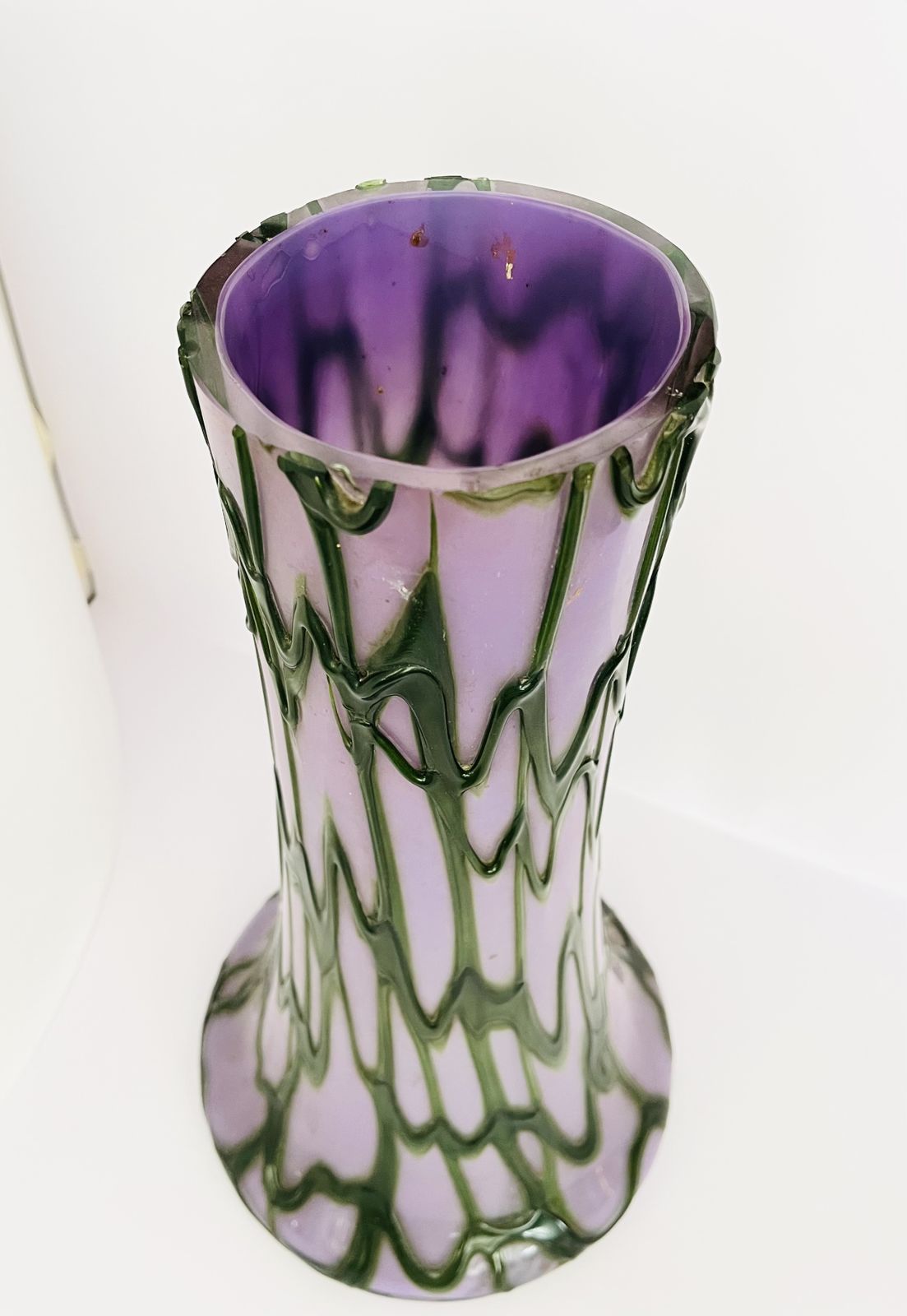 Hand Blown Art Glass Style Vase – Lavender & Forest Veil 1950’s photo for sale