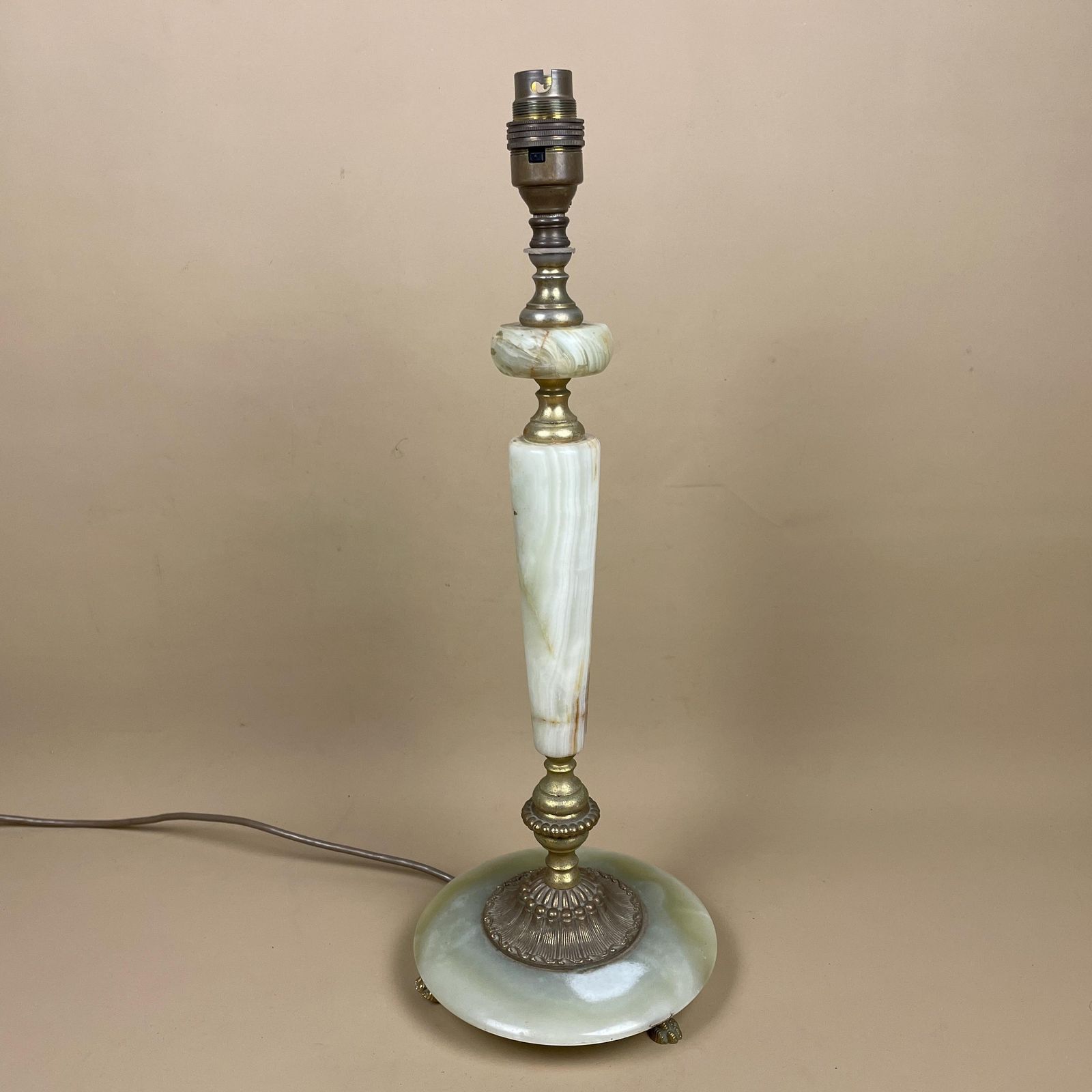 Antique Onyx Marble Lamp Light Brass Gold Metal Green Bedside Side Table Column Marbled Patterned Vintage Pattern Stone Ornate Round Base photo for sale