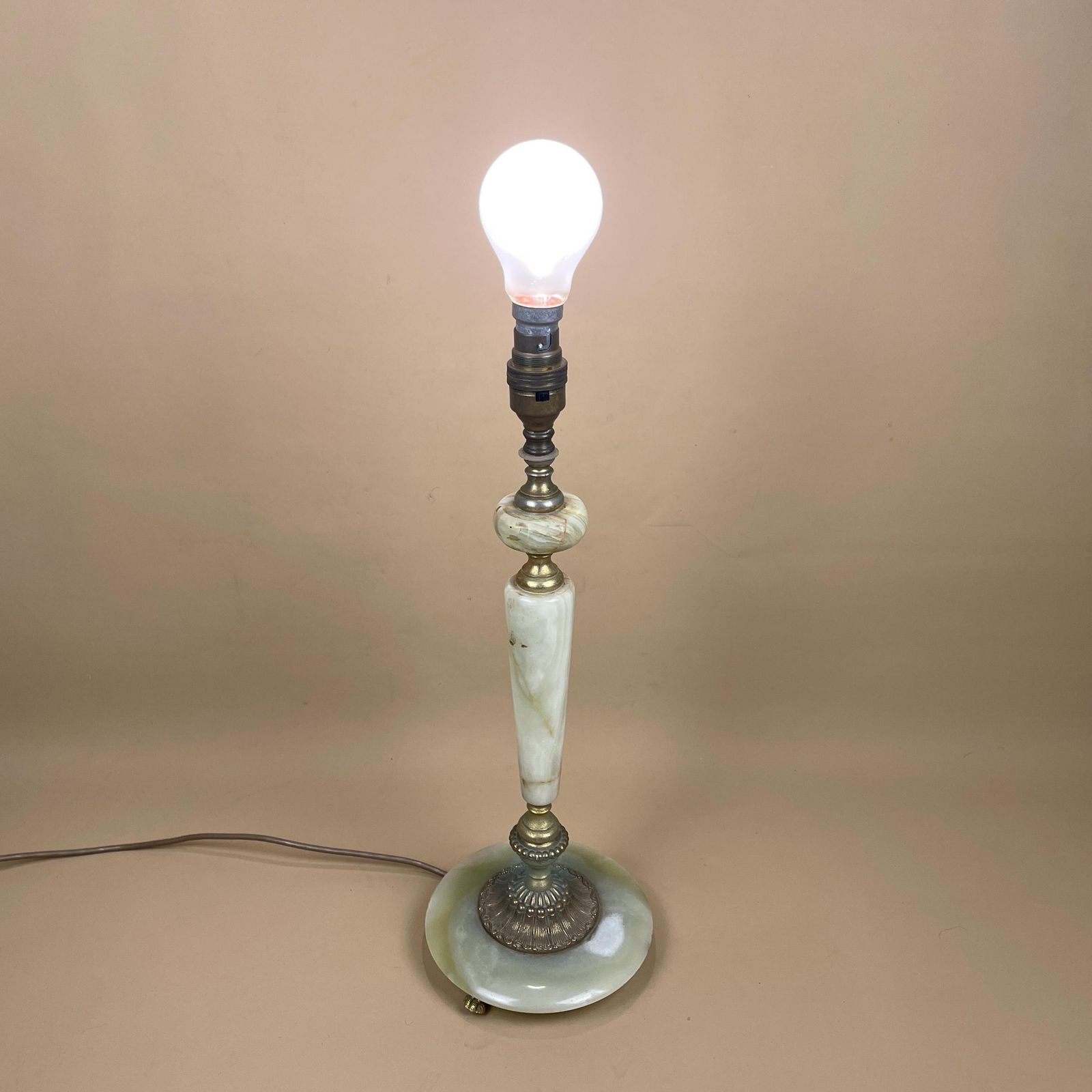 Antique Onyx Marble Lamp Light Brass Gold Metal Green Bedside Side Table Column Marbled Patterned Vintage Pattern Stone Ornate Round Base photo buy