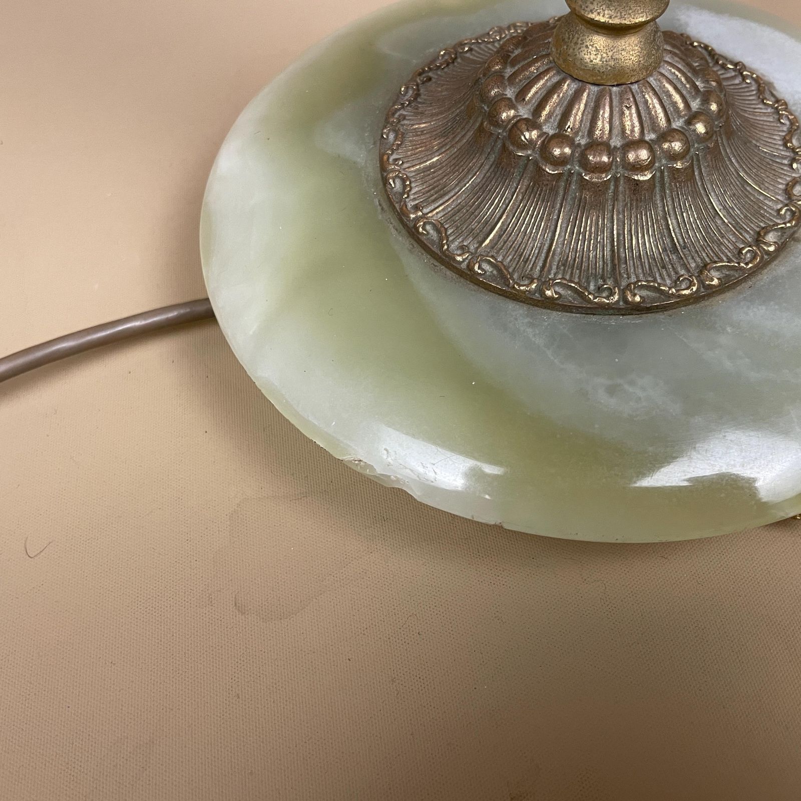 photo furniture Antique Onyx Marble Lamp Light Brass Gold Metal Green Bedside Side Table Column Marbled Patterned Vintage Pattern Stone Ornate Round Base