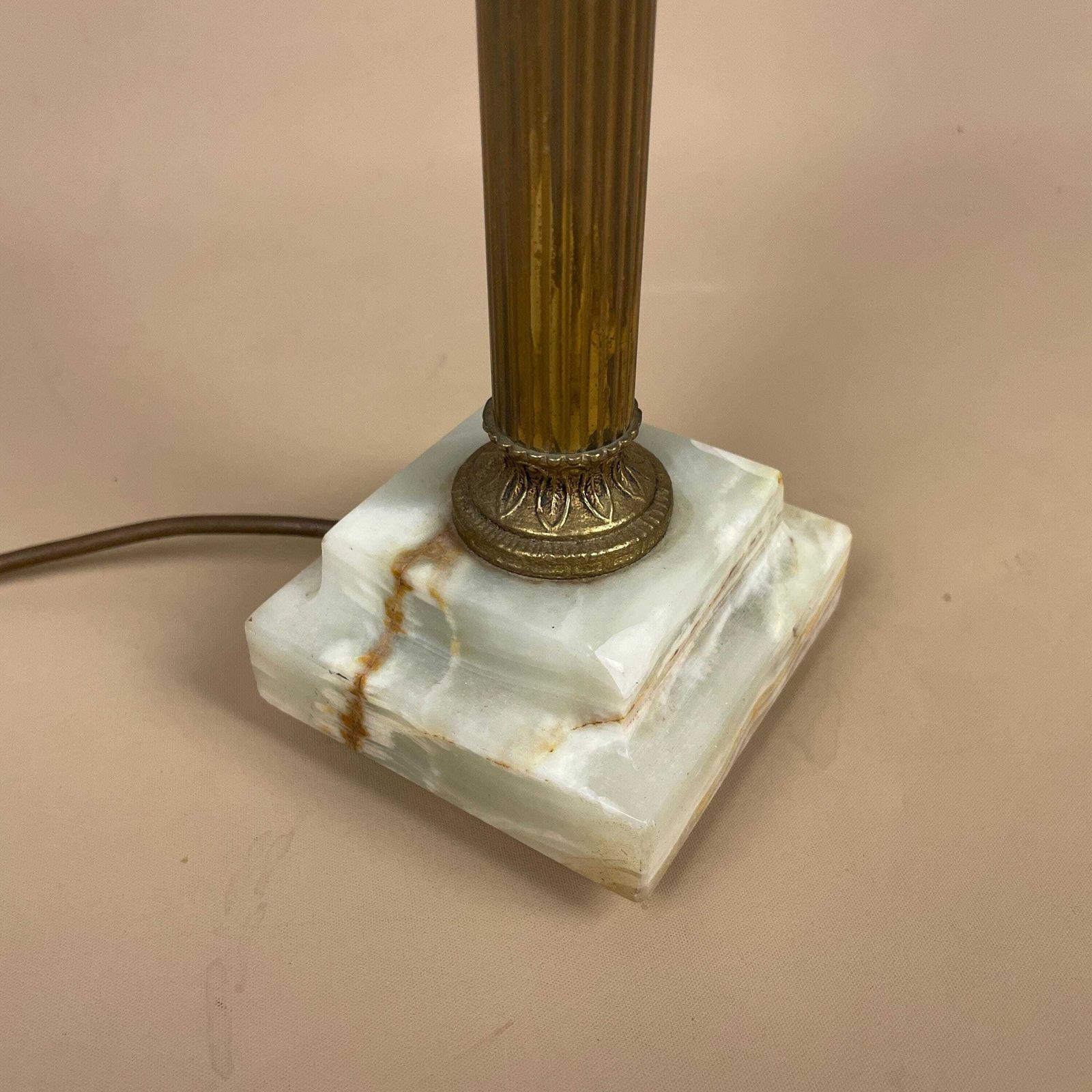 Antique Onyx Marble Lamp Light Brass Gold Metal Green Bedside Side Table Column Marbled Patterned Vintage Pattern Stone Ornate Square Base photo 95.0