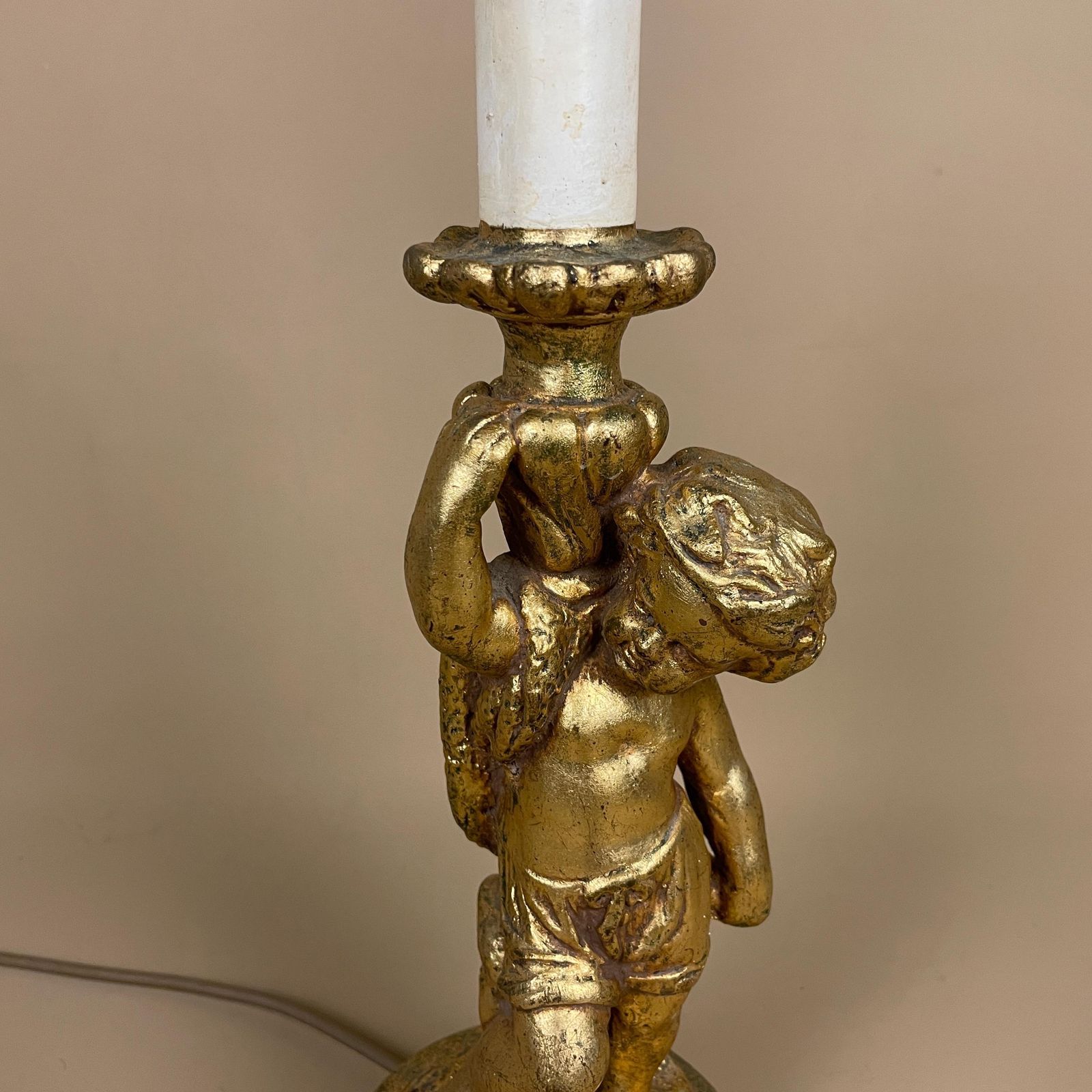 Antique Wood Gold Wooden Lamp Light Bedside Side Table Desk Column Ornate Detail Round Base Cherub Baby Vintage Pattern Patterned Candle Top photo for sale