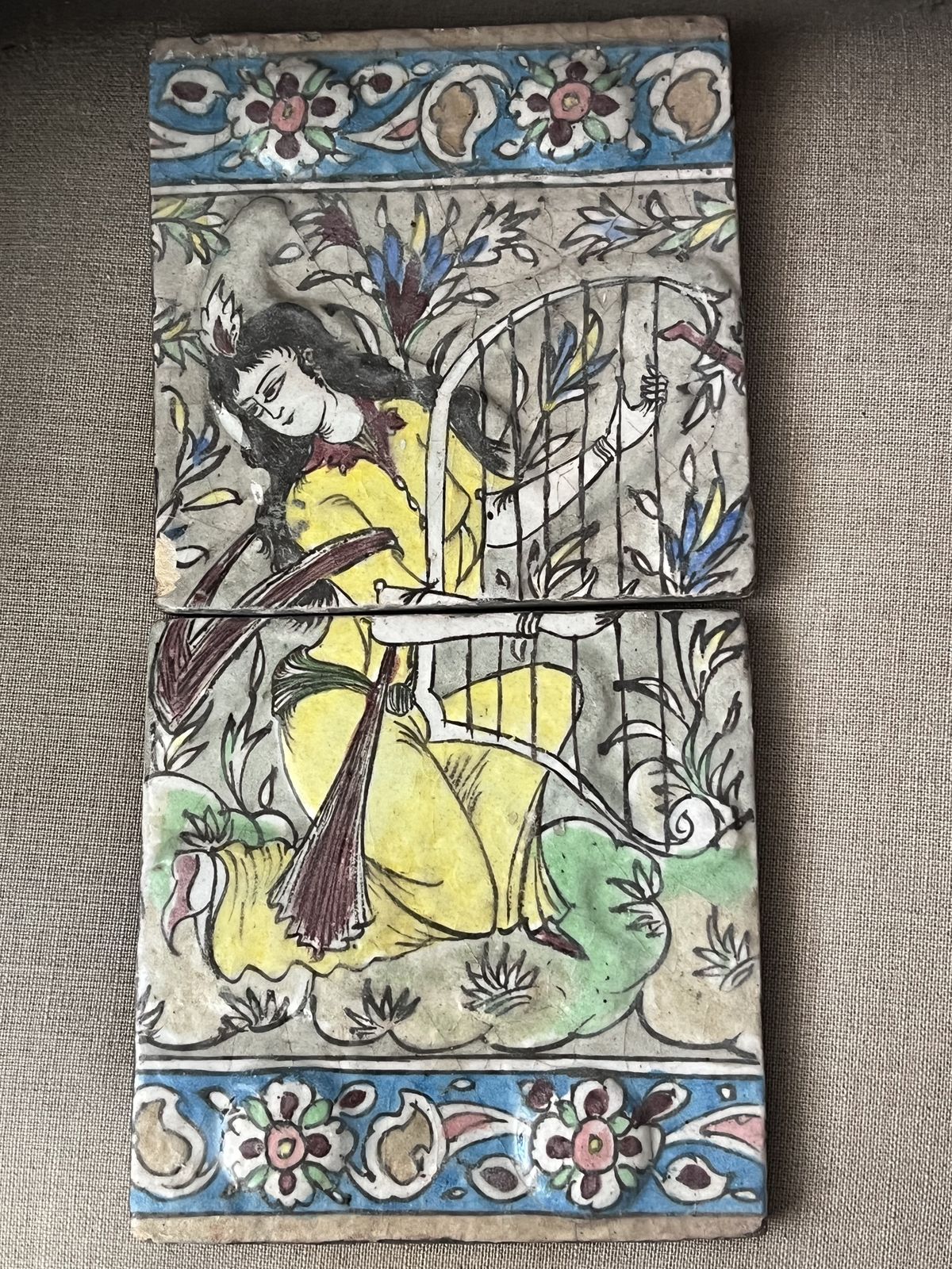 Qajar Era Persian Hand Painted Double Tile Panel With Female Musician (19th Century) photo 262.0
