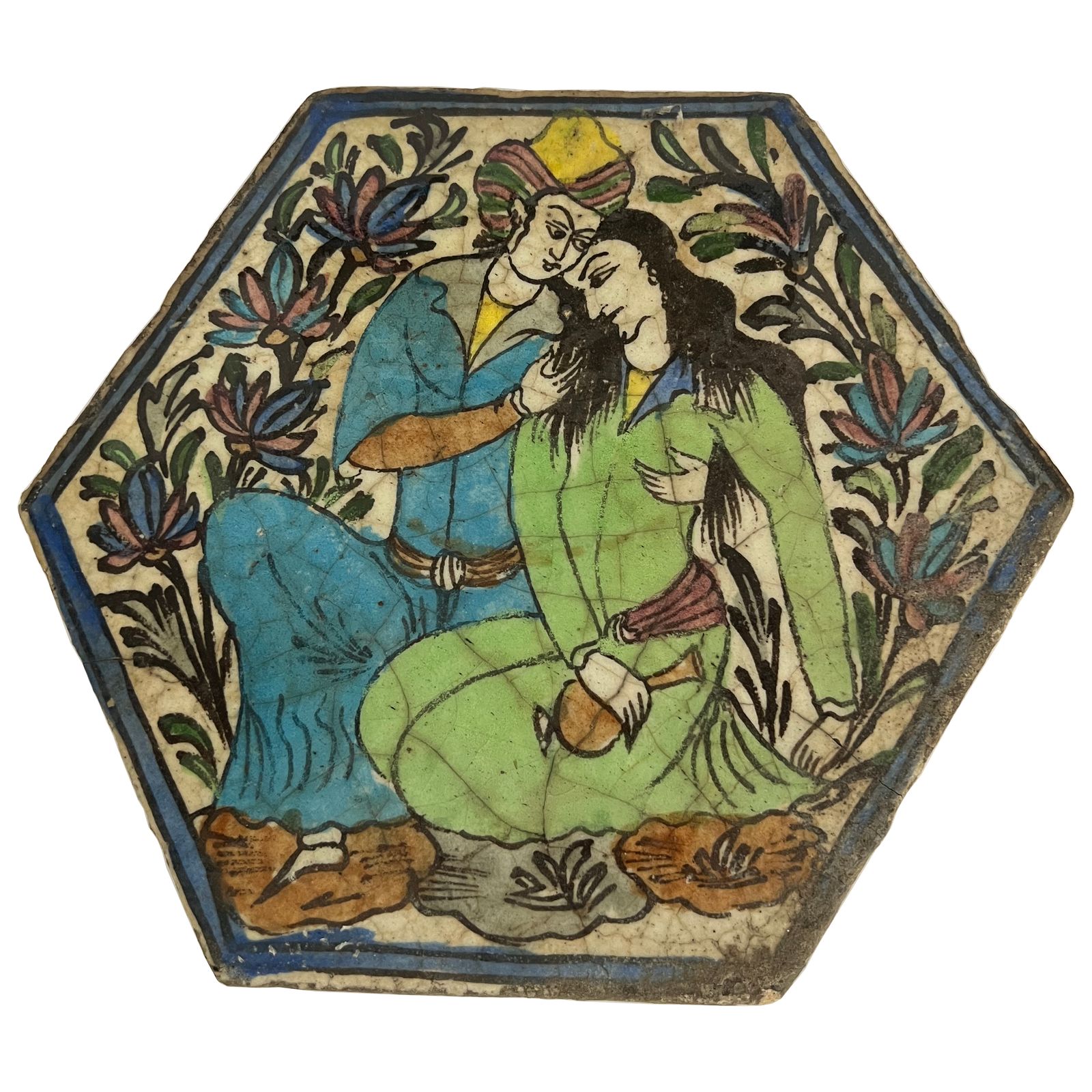 Qajar Era Persian Hand Painted Octagonal Ceramic Tile(19th Century)