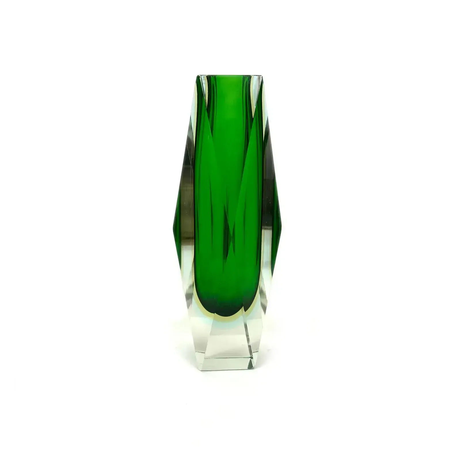 Large Murano Sommerso Green, Yellow, Light Blue And Clear Faceted Glass Vase. 1960’s