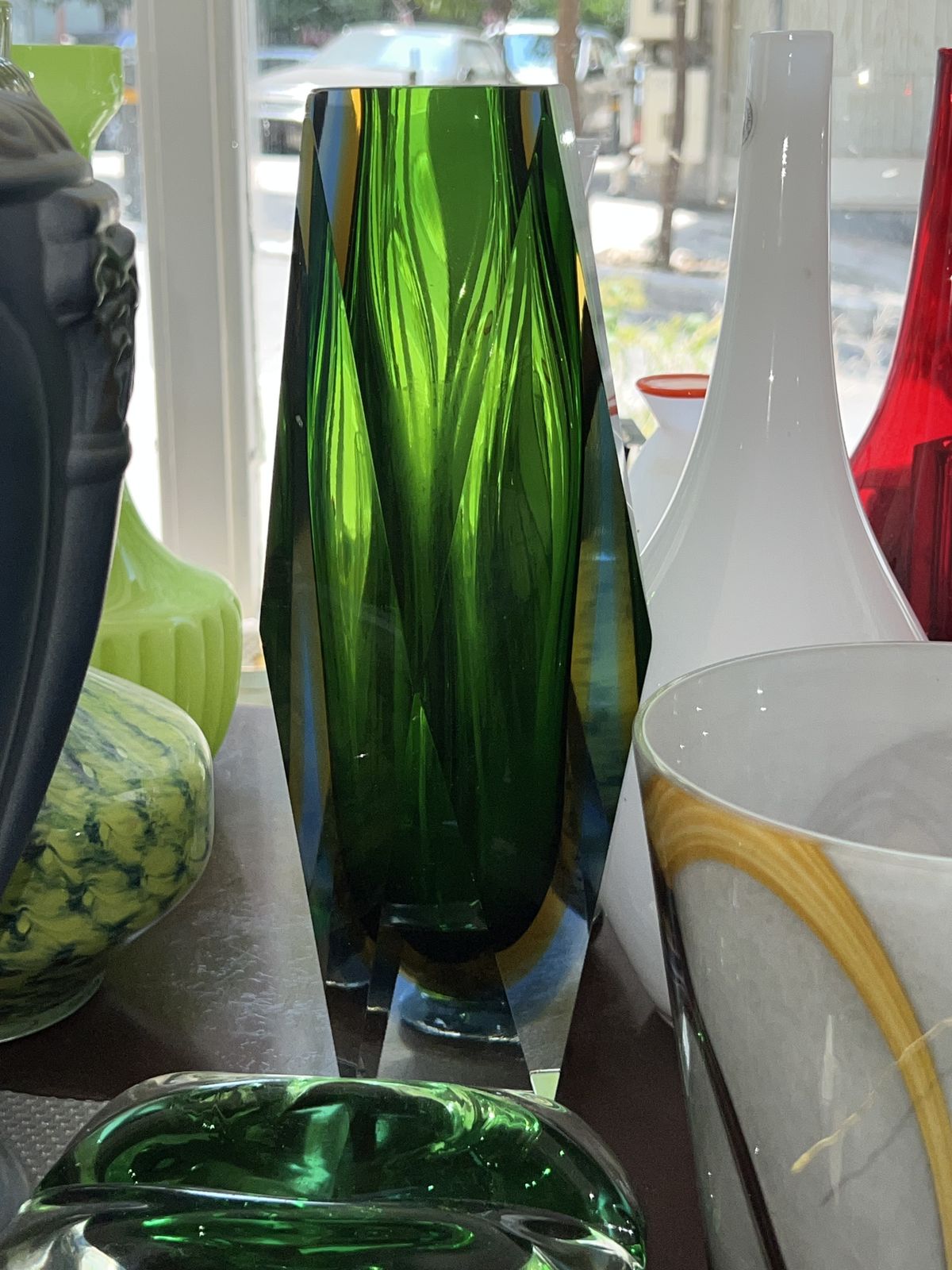 Large Murano Sommerso Green, Yellow, Light Blue And Clear Faceted Glass Vase. 1960’s photo furniture