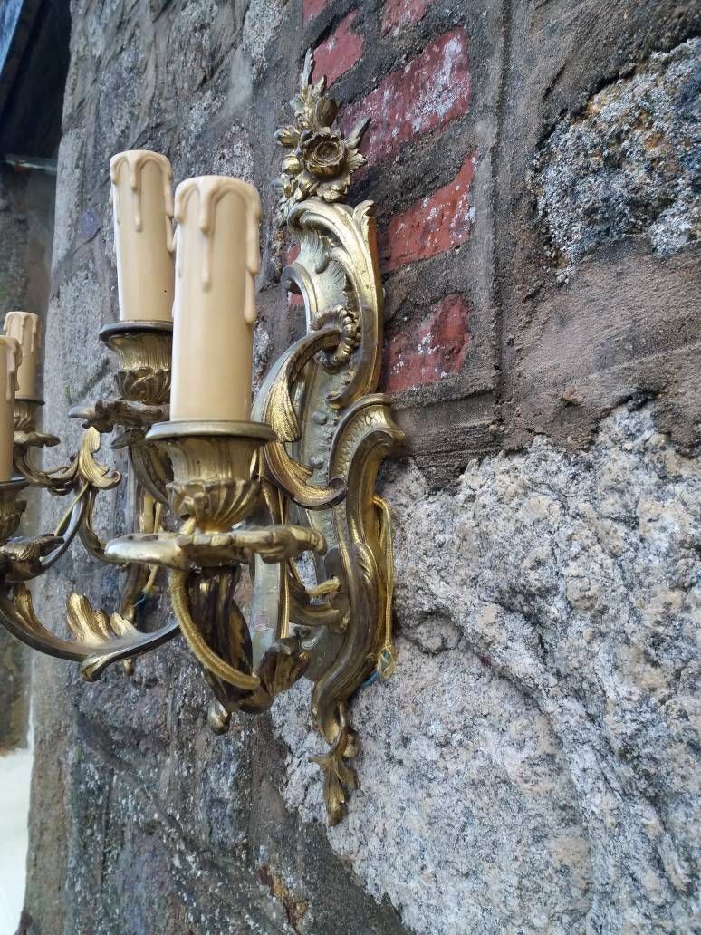 photo for sale Antique Bronze Ormolu Wall Sconces: French Chateau Lighting Pair