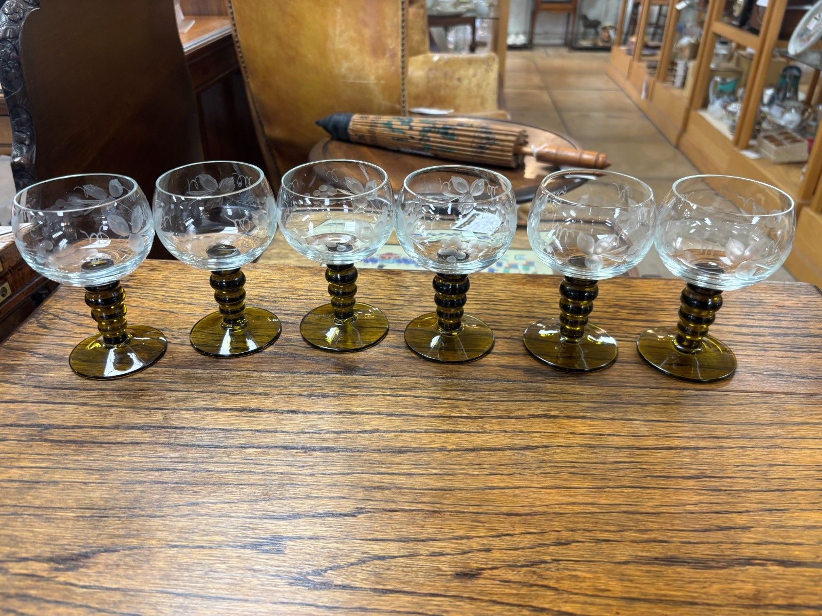 Set Of Six Vintage Olive Green & Etched Clear Glass Wine Glasses photo furniture