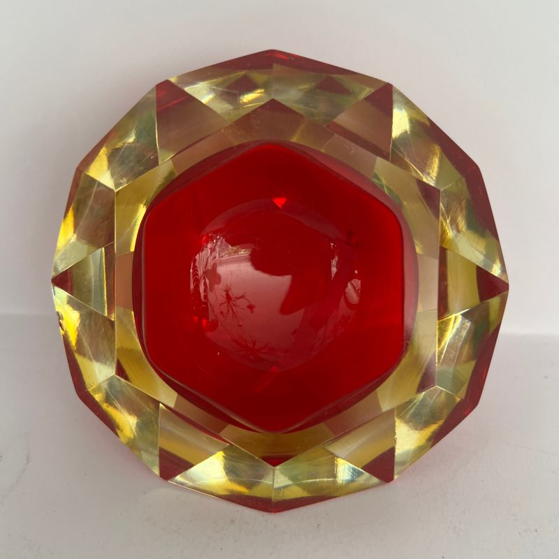 Murano Faceted Sommerso Glass Bowl – Red, Amber, And Clear Mid Century Modern
