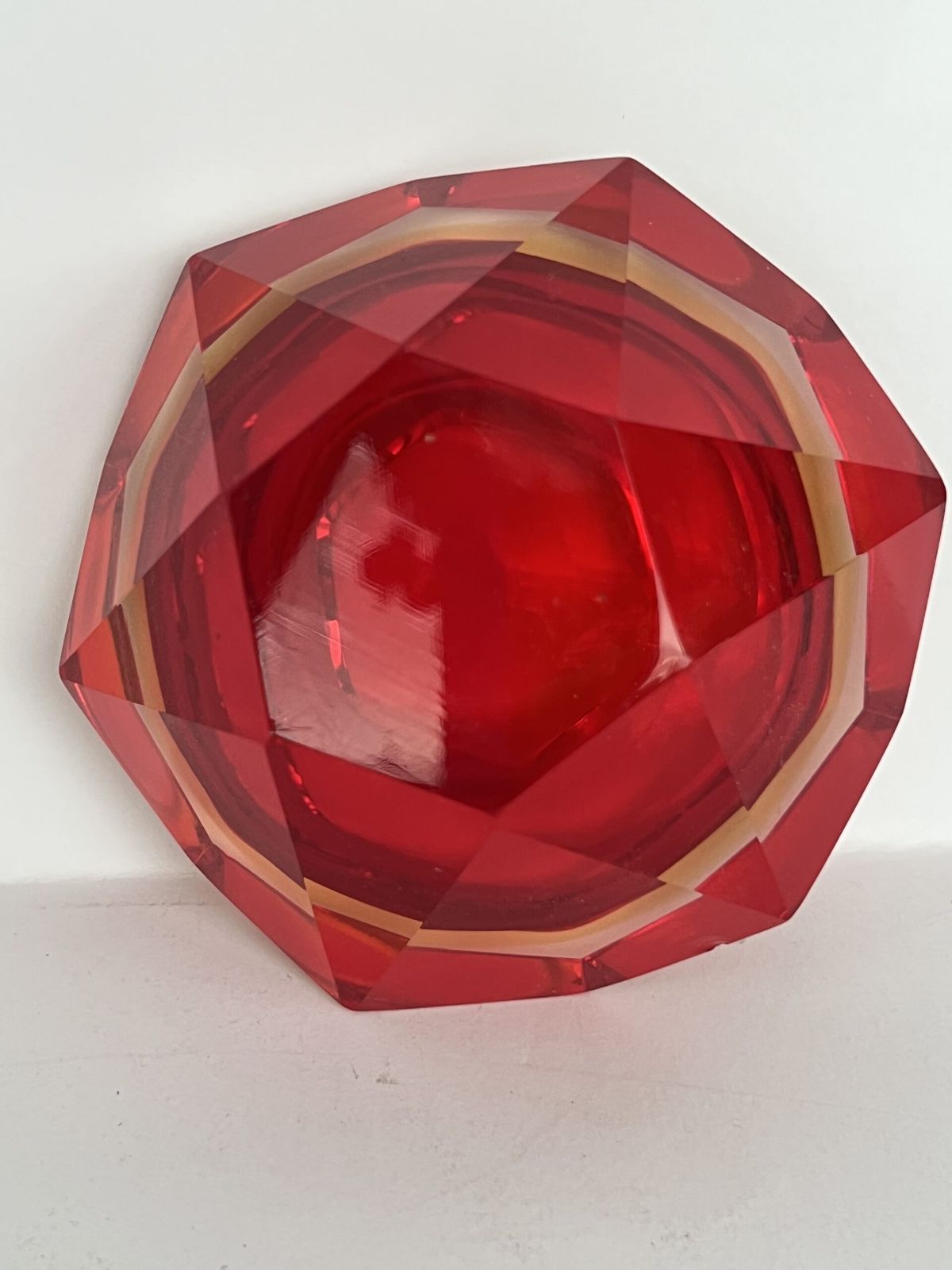 Murano Faceted Sommerso Glass Bowl – Red, Amber, And Clear Mid Century Modern photo for sale
