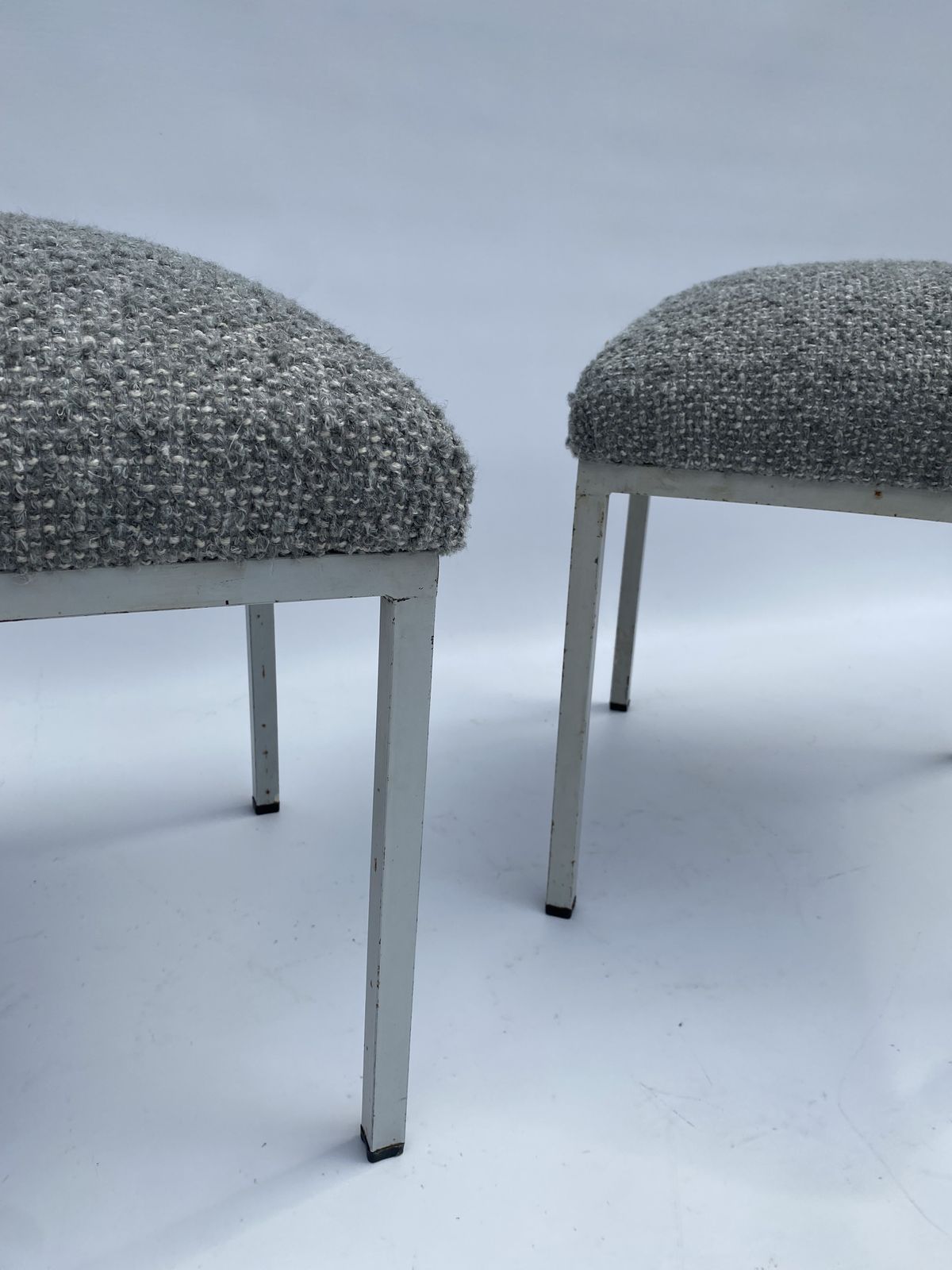 1960s Industrial Pair Iron Foot Stools Scandinavian Midcentury New Boucle Upholstery photo for sale