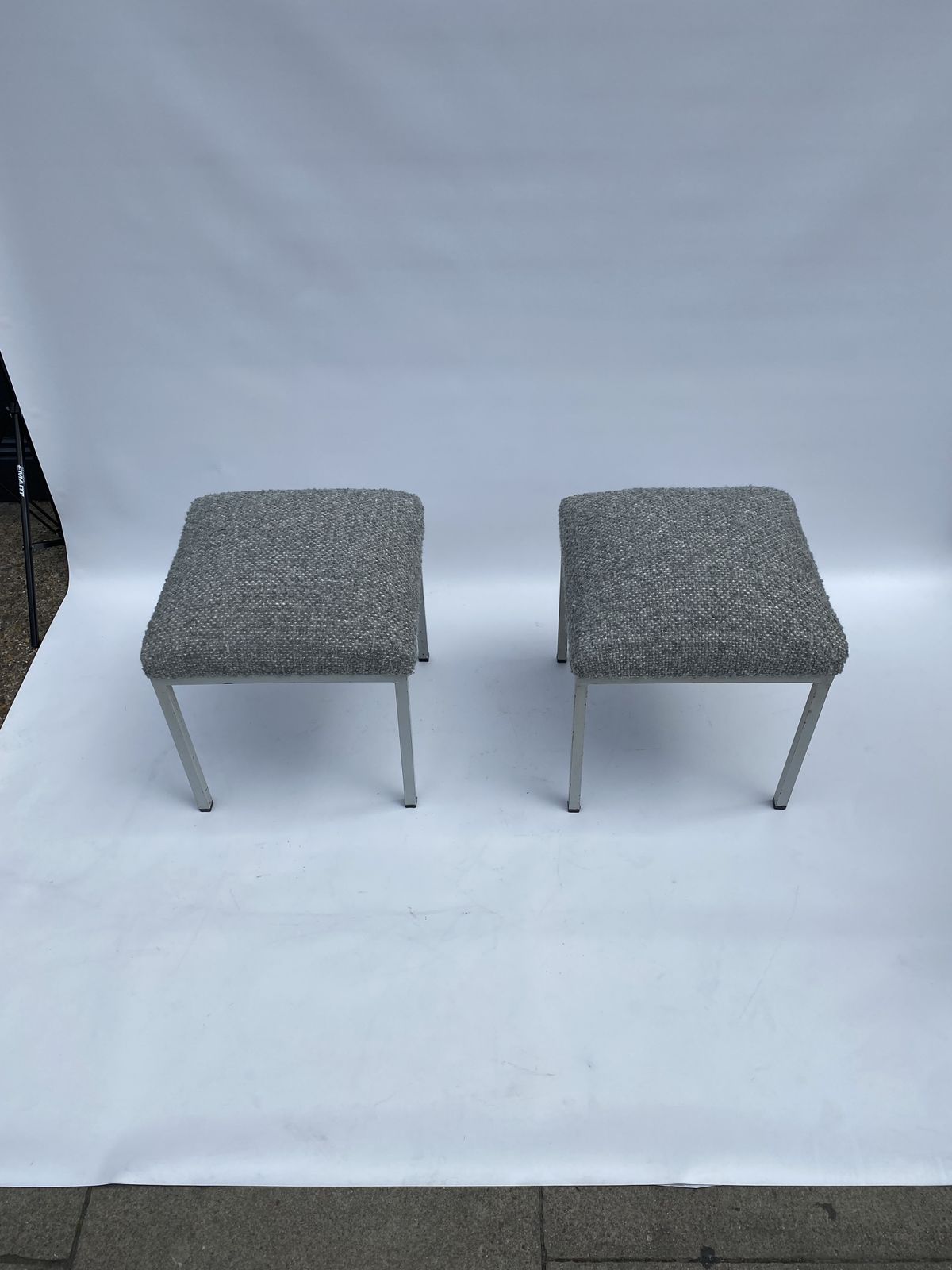 1960s Industrial Pair Iron Foot Stools Scandinavian Midcentury New Boucle Upholstery photo Furniture