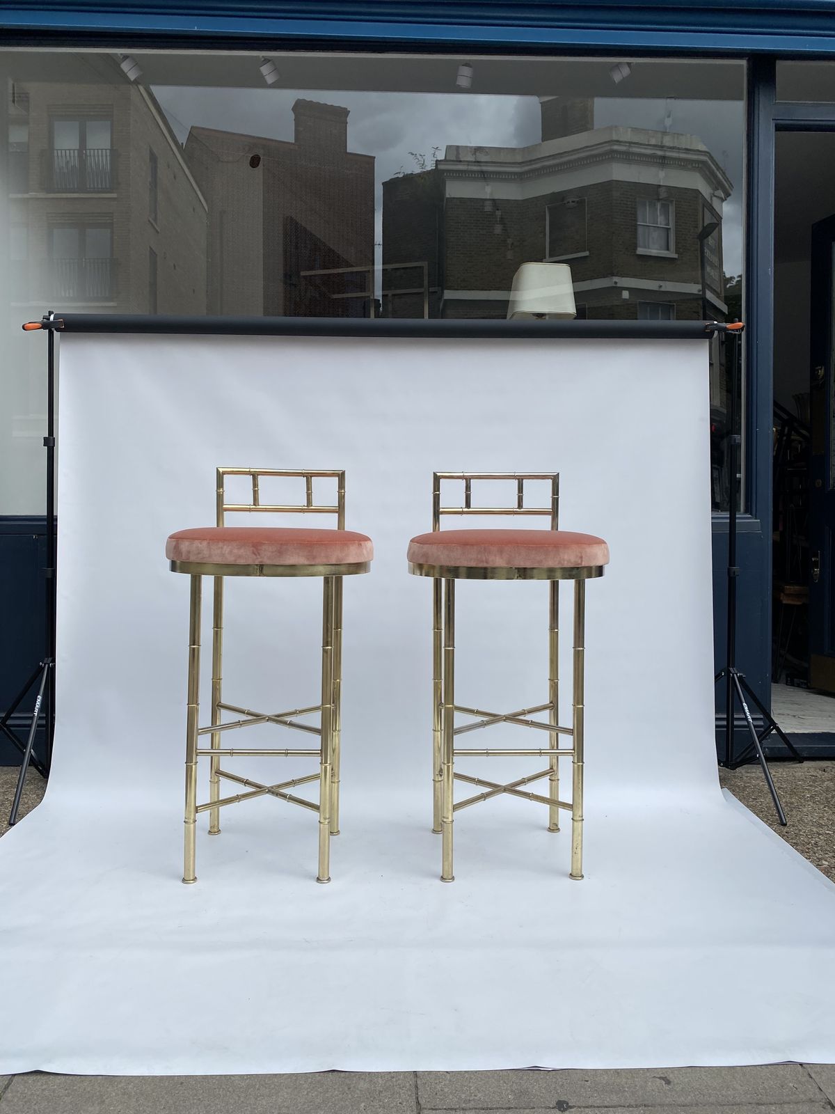 1970s Pair Pink Dedar Velvet Brass Faux Bamboo Bar Stools Hollywood Regency Breakfast Bar Kitchen photo furniture