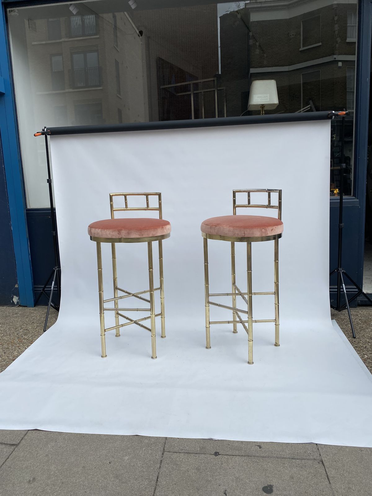 1970s Pair Pink Dedar Velvet Brass Faux Bamboo Bar Stools Hollywood Regency Breakfast Bar Kitchen