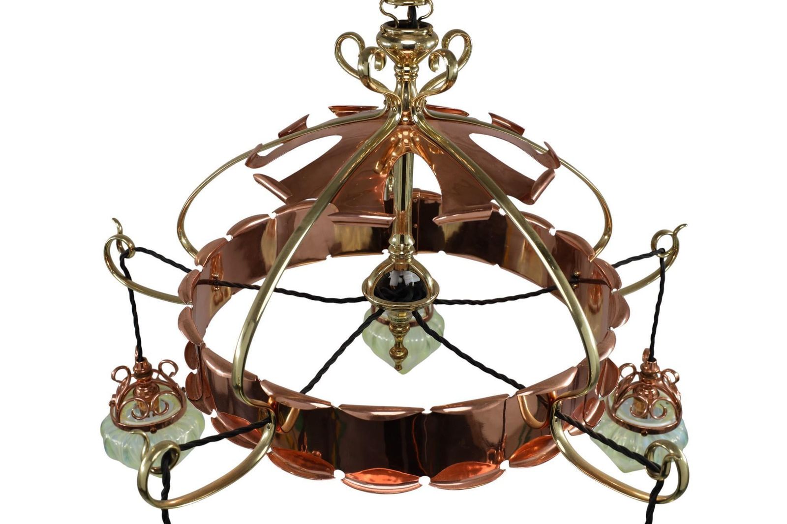 W. A. S. Benson. Arts & Crafts Copper & Brass Chandelier With 5 Vaseline Shades photo 22000.0
