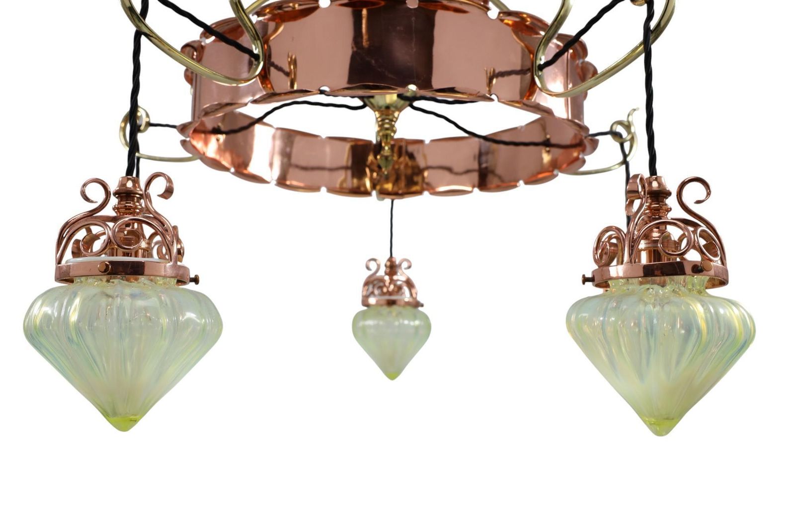 W. A. S. Benson. Arts & Crafts Copper & Brass Chandelier With 5 Vaseline Shades photo vintage