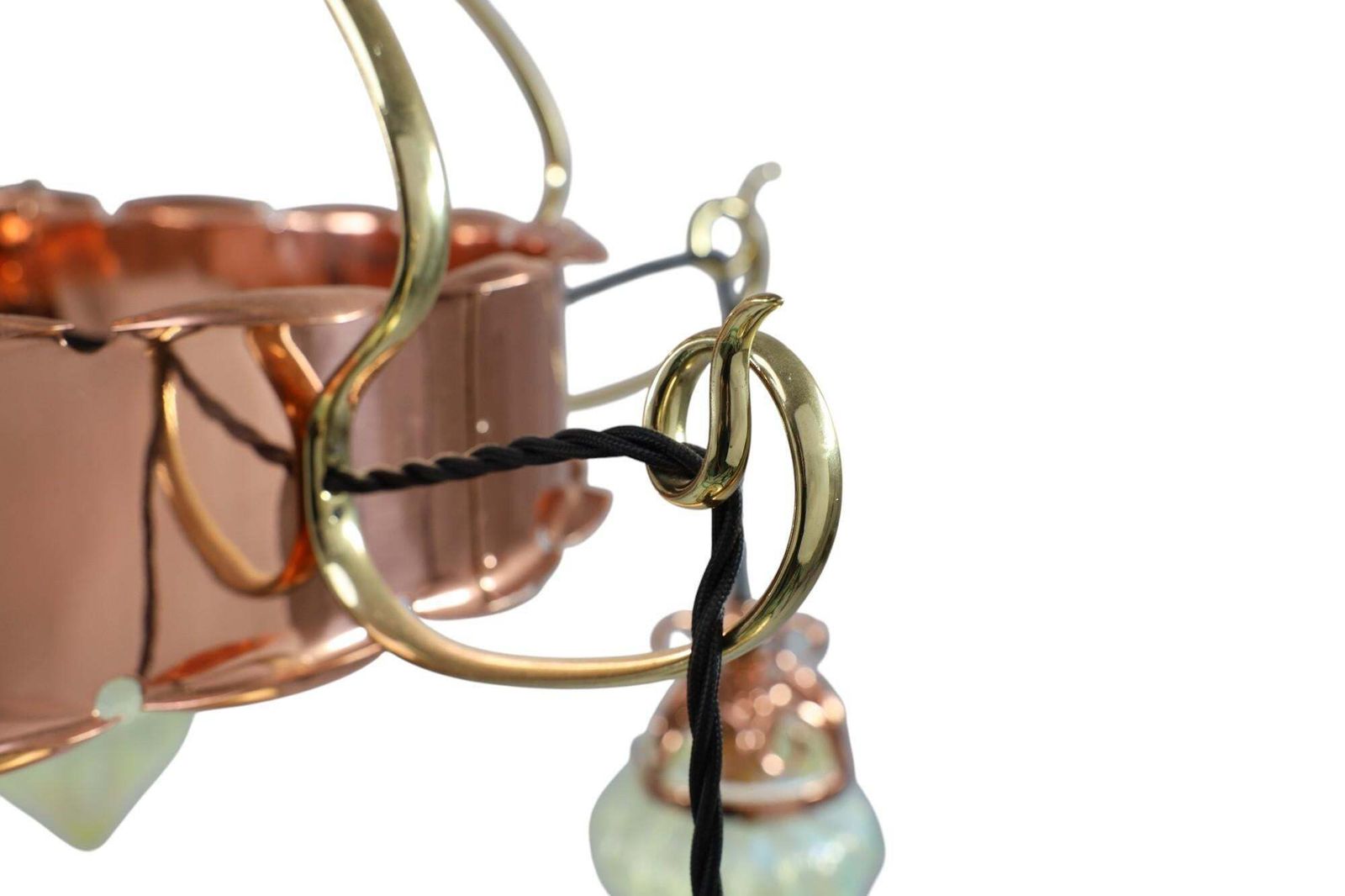 photo for sale W. A. S. Benson. Arts & Crafts Copper & Brass Chandelier With 5 Vaseline Shades