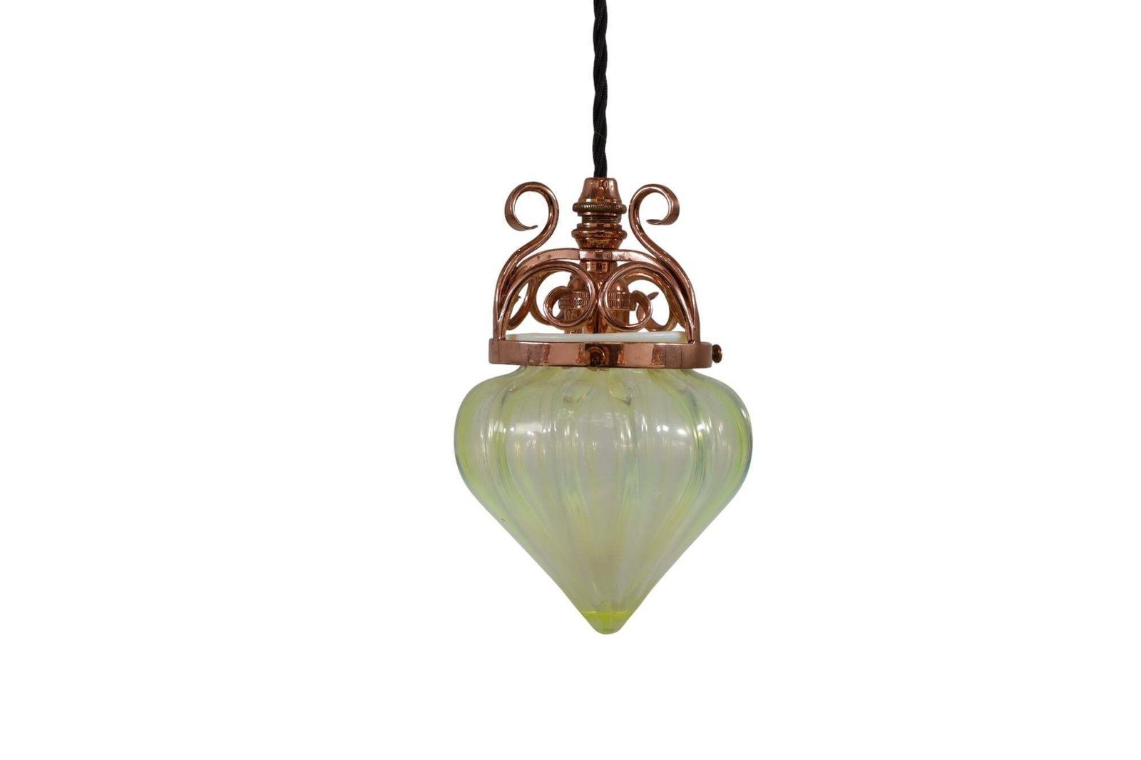 photo vinterior W. A. S. Benson. Arts & Crafts Copper & Brass Chandelier With 5 Vaseline Shades