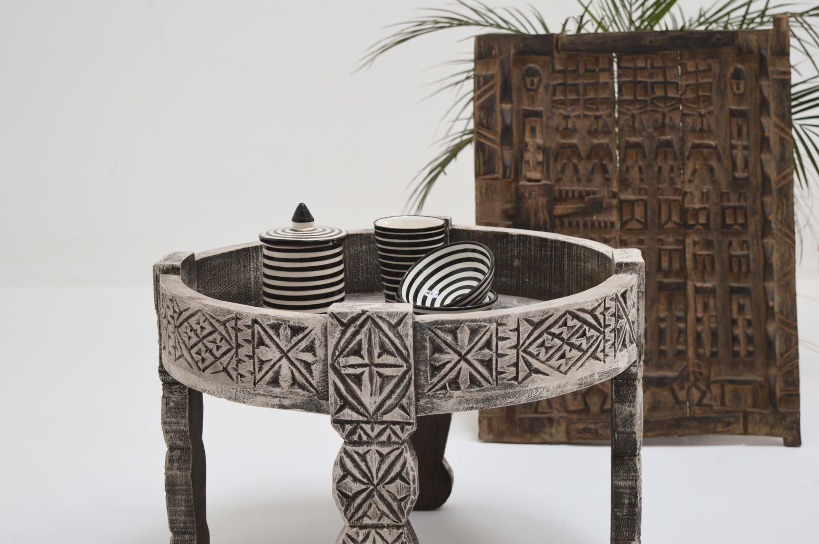 Vintage Moroccan Chakki Table Hand Carved Tall Wood White Washed photo vinterior