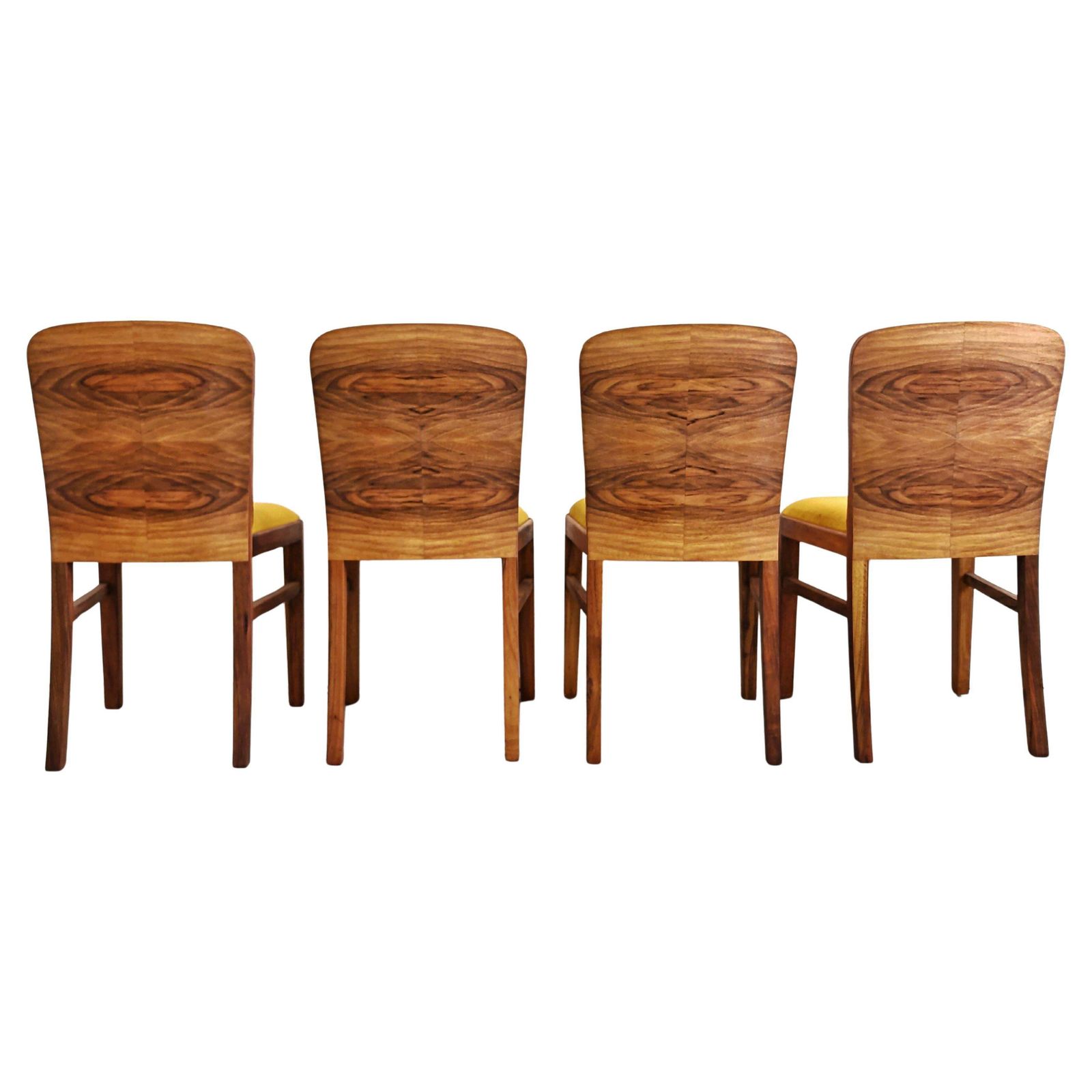 Set Of 4 Art Deco Chairs In Walnut Root Veneer, Upholstered In Old Gold Plush