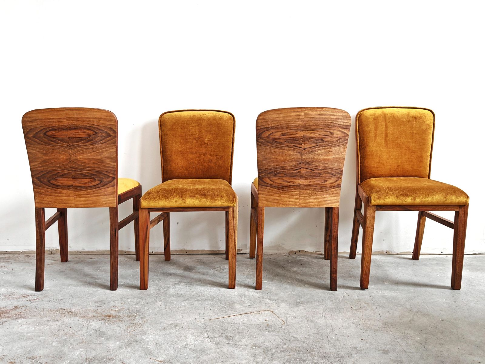 Set Of 4 Art Deco Chairs In Walnut Root Veneer, Upholstered In Old Gold Plush photo furniture