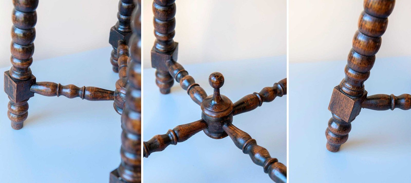 photo for sale Antiek Handgesneden Eiken Tafel, Donkerbruin Bijzettafeltje Met Klossenspindels, 19e Eeuw, Vierkante Plantenstandaard, Rustiek Houten Bijzettafel