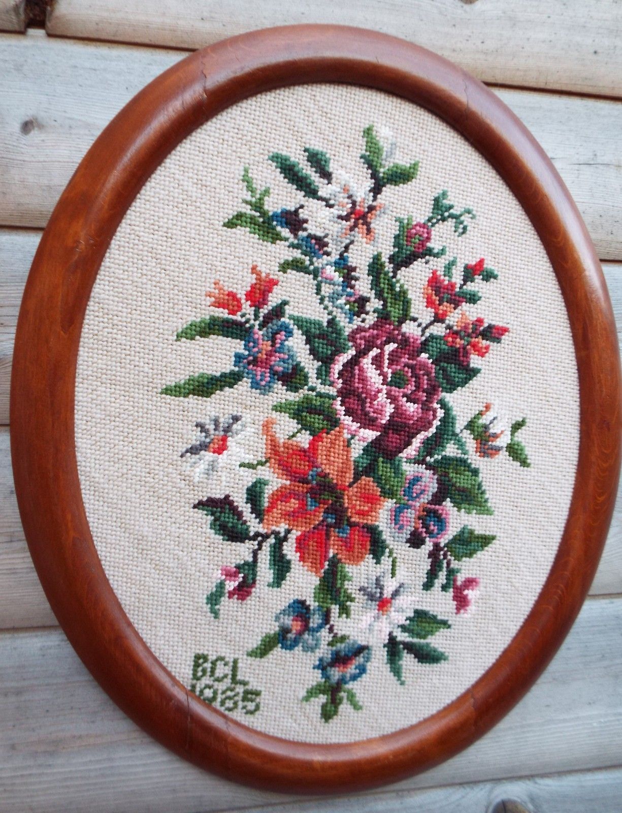 Vintage  Wool Tapestry  Needlepoint Picture Floral Dark Red Rose Framed Large photo Art