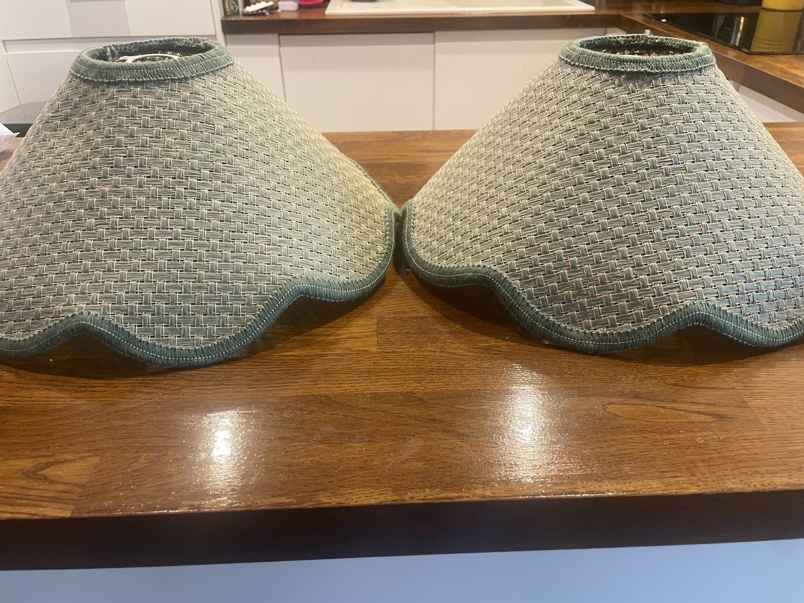 Retro Lamp Shades X 2 Wicker Coolie Hat Shape Green Trim Scalloped Edge